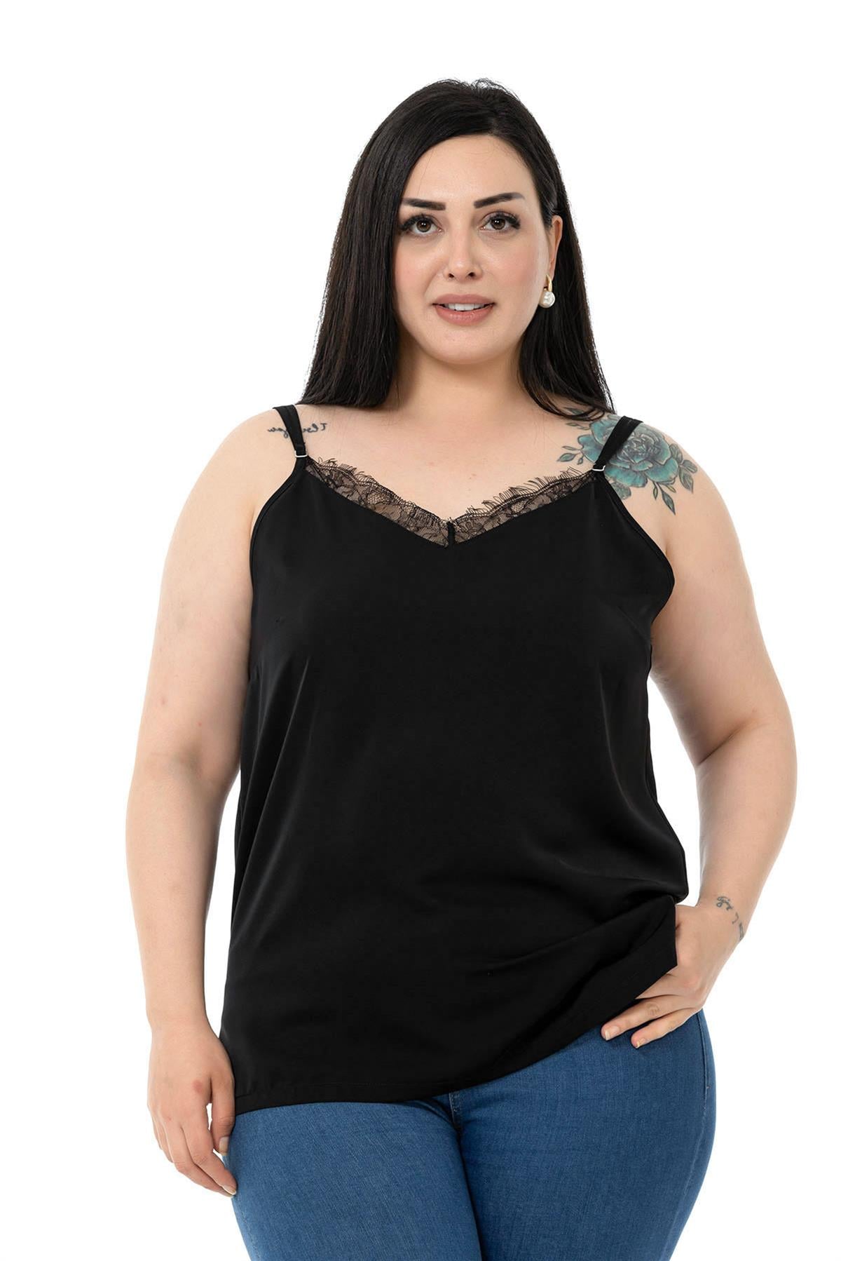 Plus Size Lace Collar Adjustable Thin Strap Black Blouse