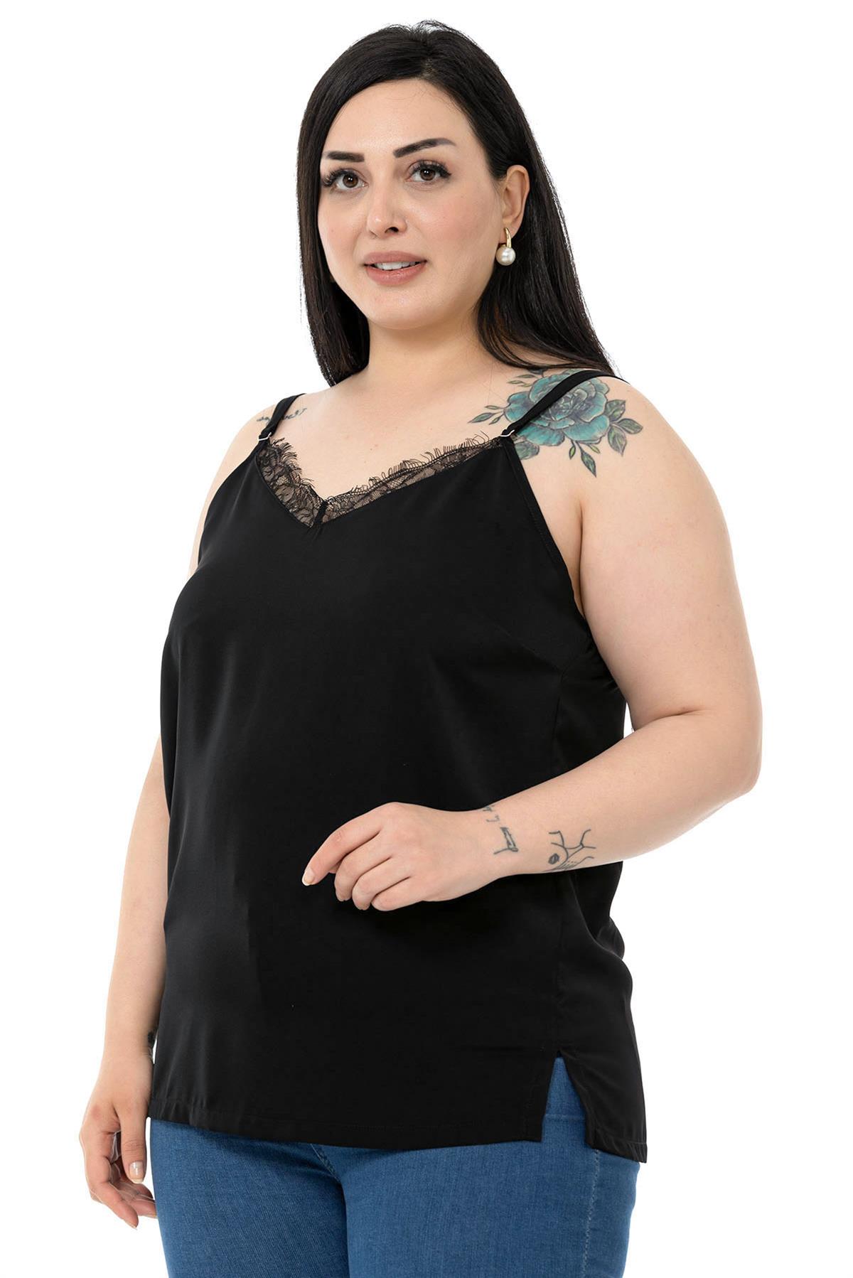 Plus Size Lace Collar Adjustable Thin Strap Black Blouse