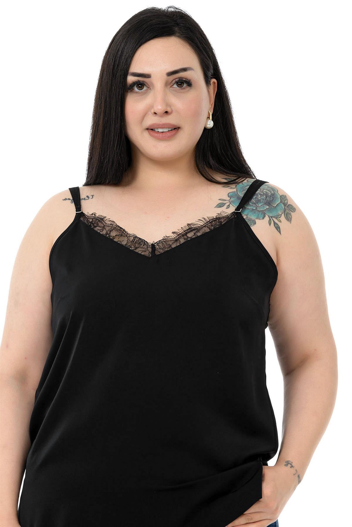 Plus Size Lace Collar Adjustable Thin Strap Black Blouse