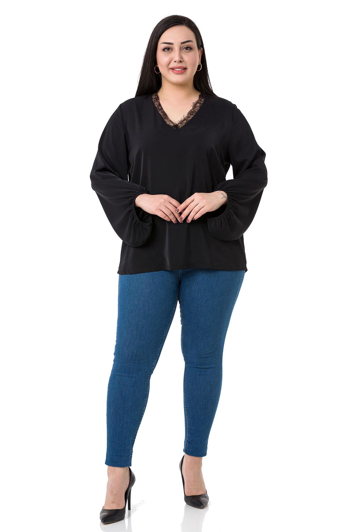 Plus Size Satin Black Blouse with Side Slit and Scarf Collar
