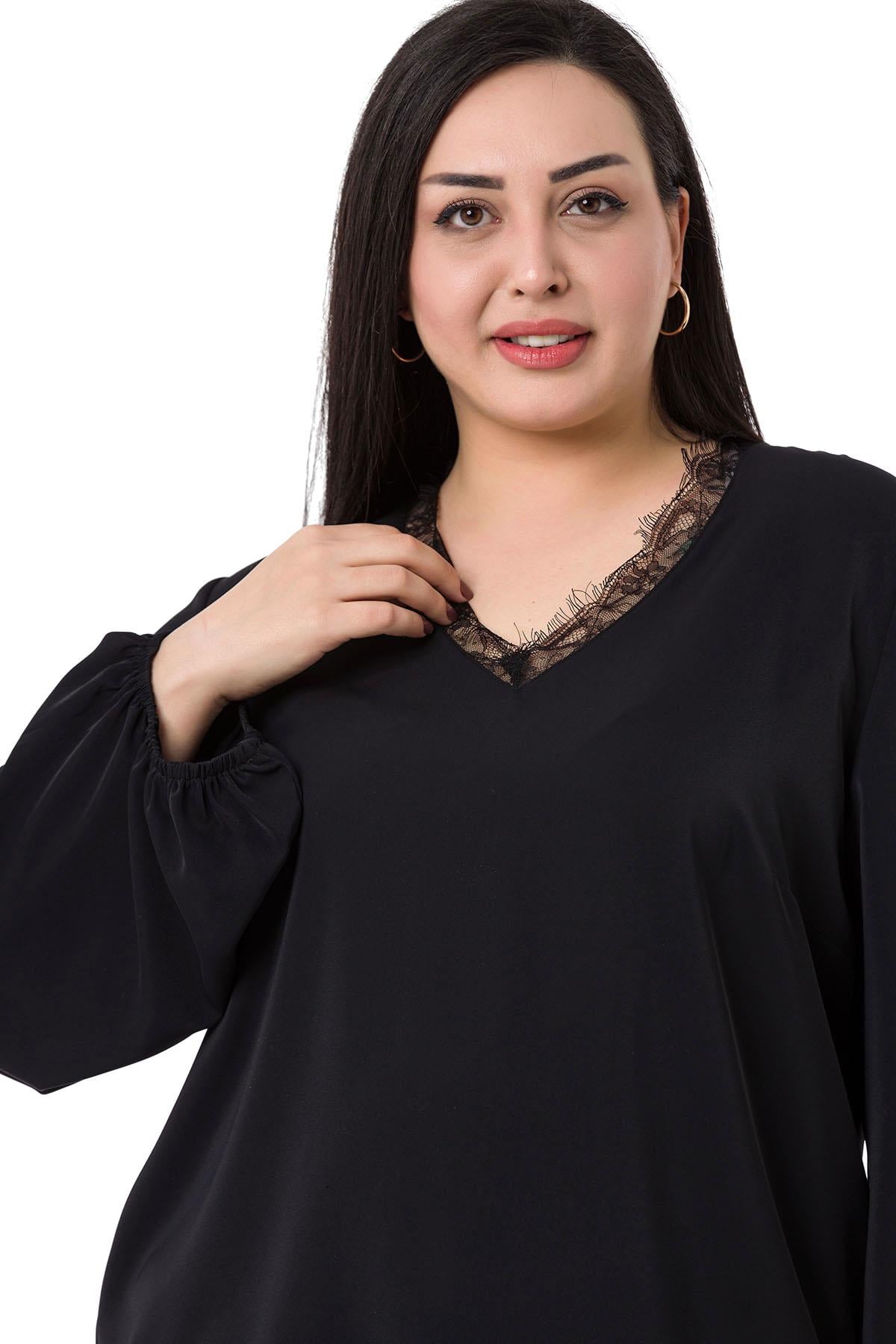 Plus Size Satin Black Blouse with Side Slit and Scarf Collar