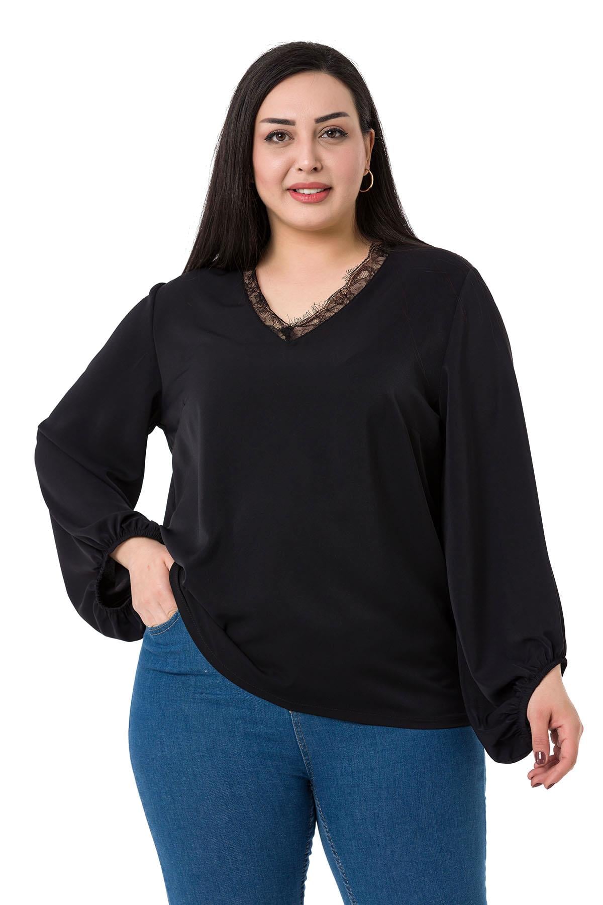 Plus Size Satin Black Blouse with Side Slit and Scarf Collar