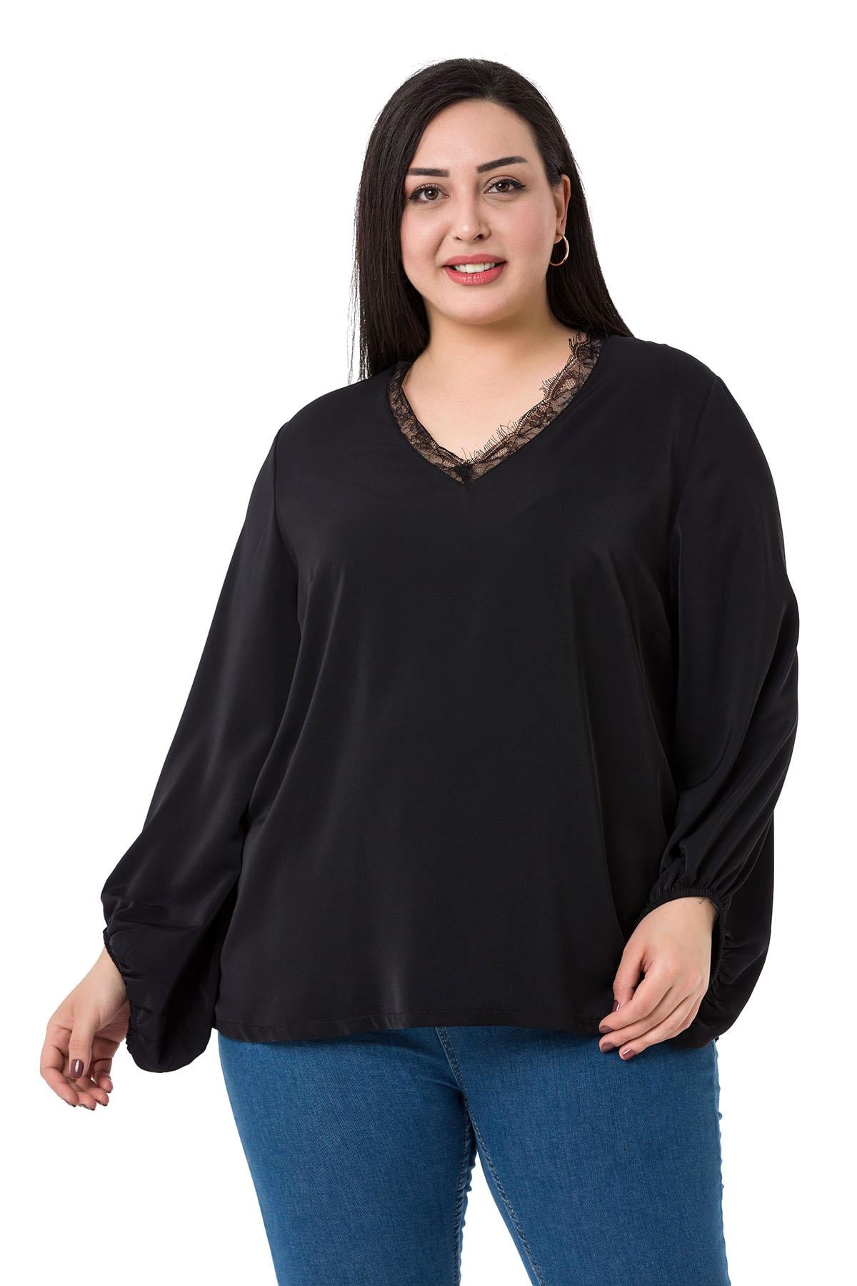 Plus Size Satin Black Blouse with Side Slit and Scarf Collar