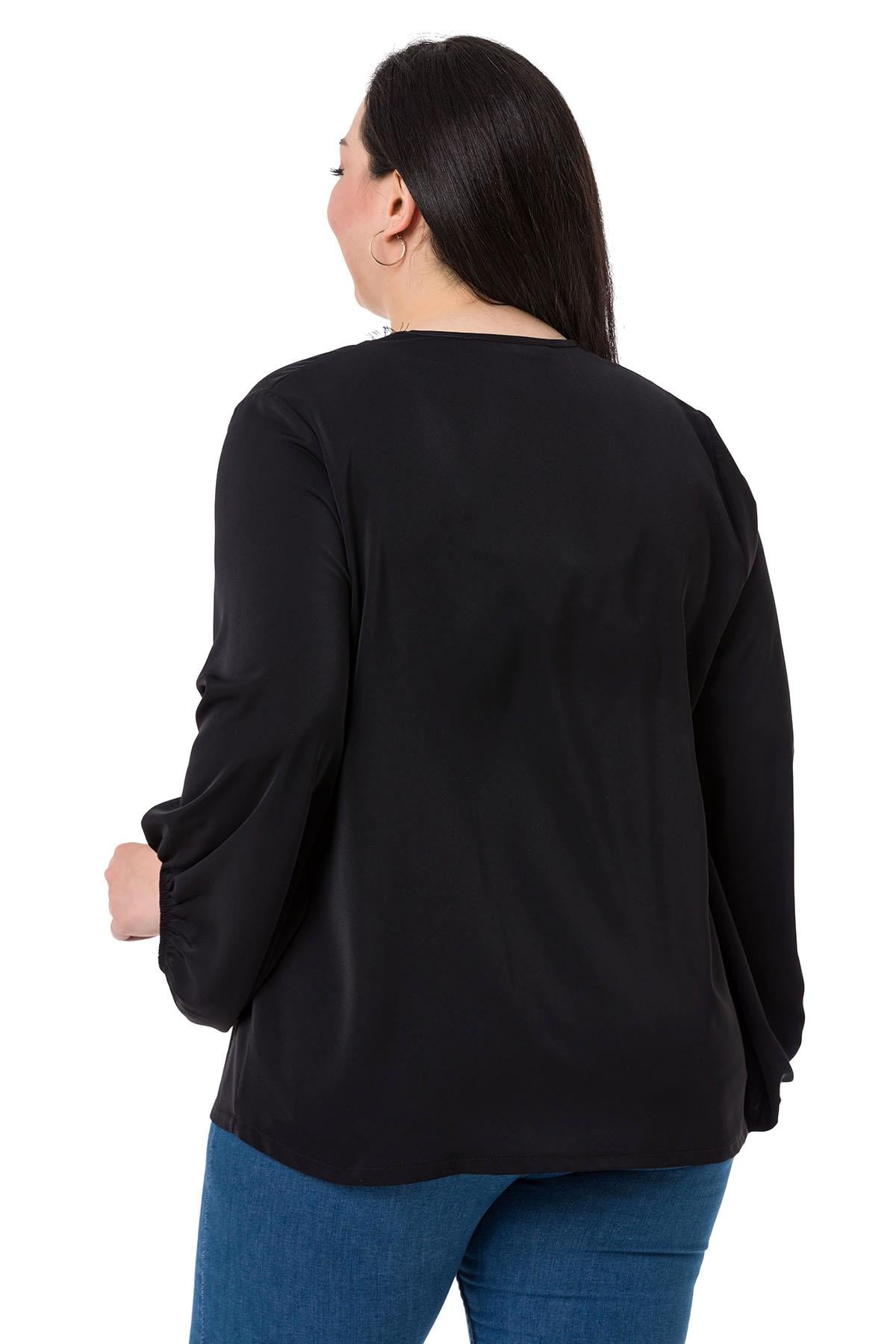 Plus Size Satin Black Blouse with Side Slit and Scarf Collar