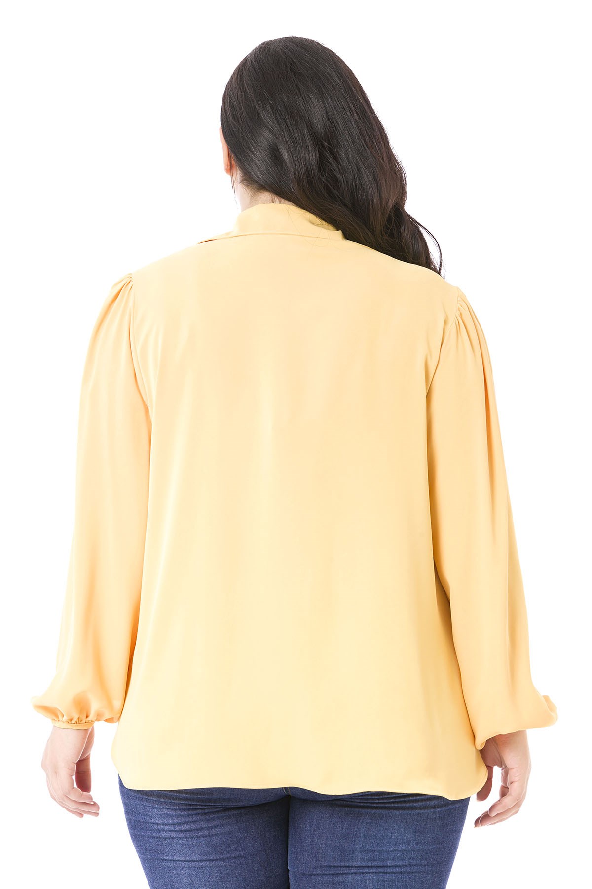 Plus Size Frilled Neckline Gathered Shoulders Buttoned Sleeves Flowy Yellow Blouse
