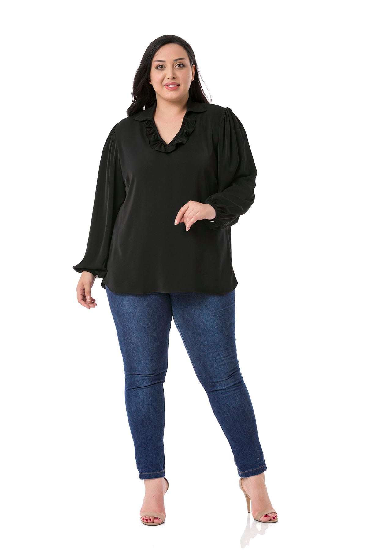Plus Size Frilled Neckline Gathered Shoulders Buttoned Sleeves Flowy Black Blouse