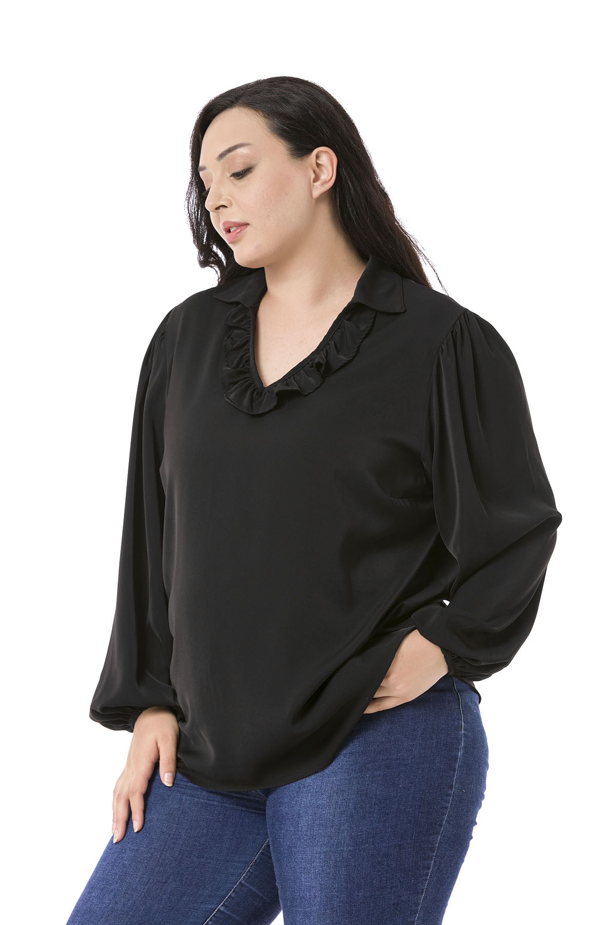 Plus Size Frilled Neckline Gathered Shoulders Buttoned Sleeves Flowy Black Blouse