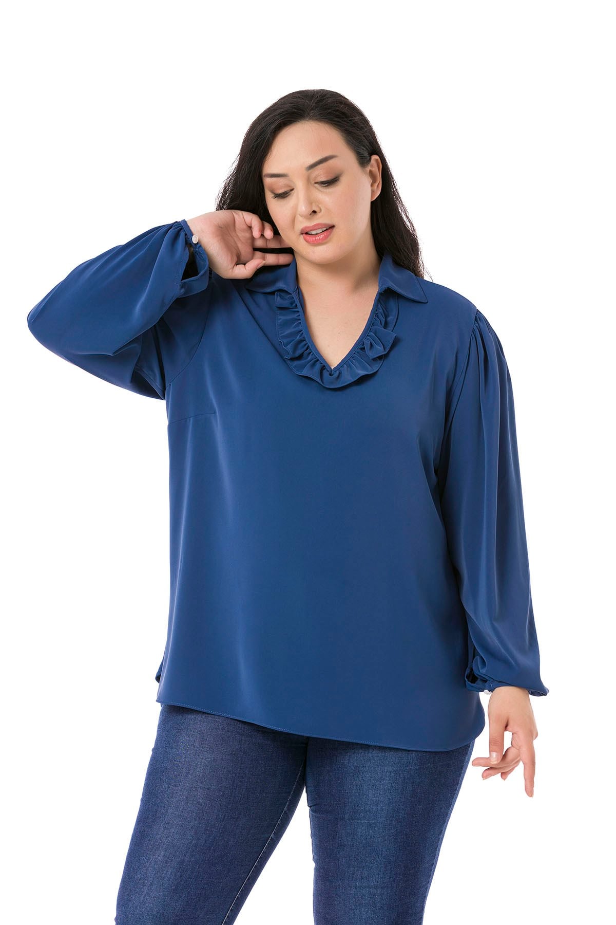 Plus Size Frilled Neckline Gathered Shoulders Buttoned Sleeves Flowy İndigo Blouse