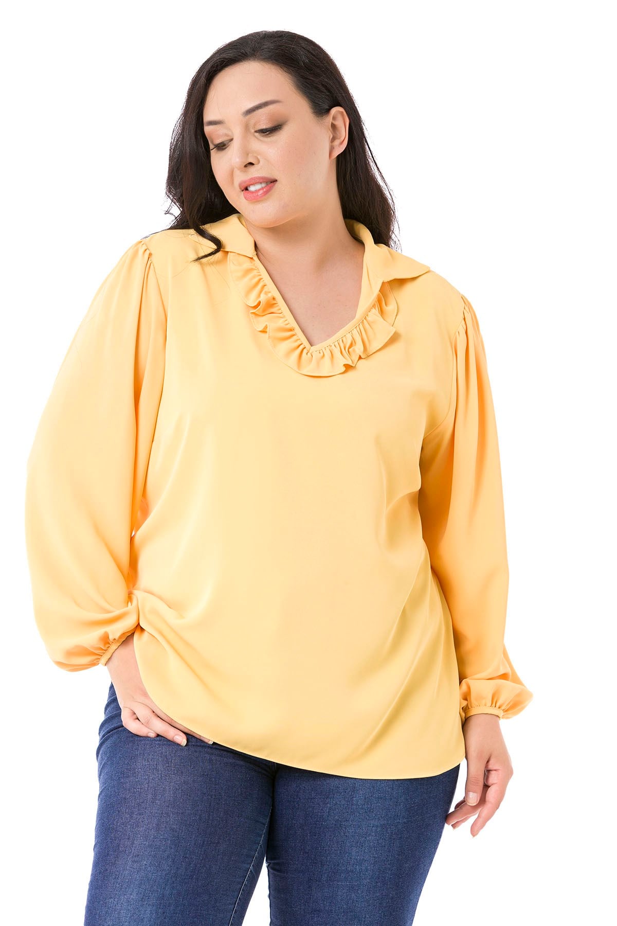 Plus Size Frilled Neckline Gathered Shoulders Buttoned Sleeves Flowy Yellow Blouse