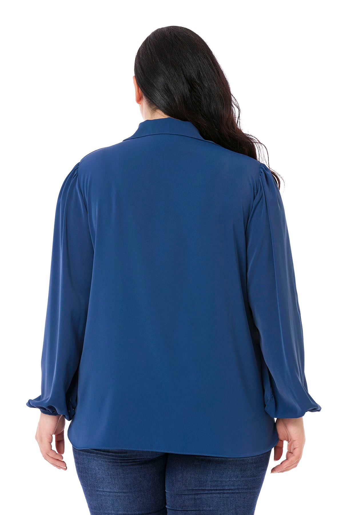 Plus Size Frilled Neckline Gathered Shoulders Buttoned Sleeves Flowy İndigo Blouse