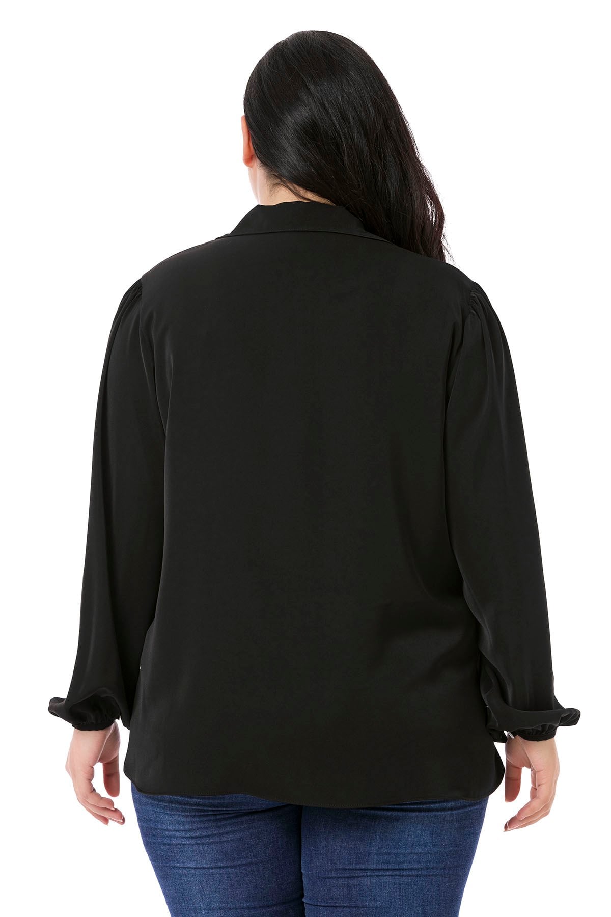 Plus Size Frilled Neckline Gathered Shoulders Buttoned Sleeves Flowy Black Blouse