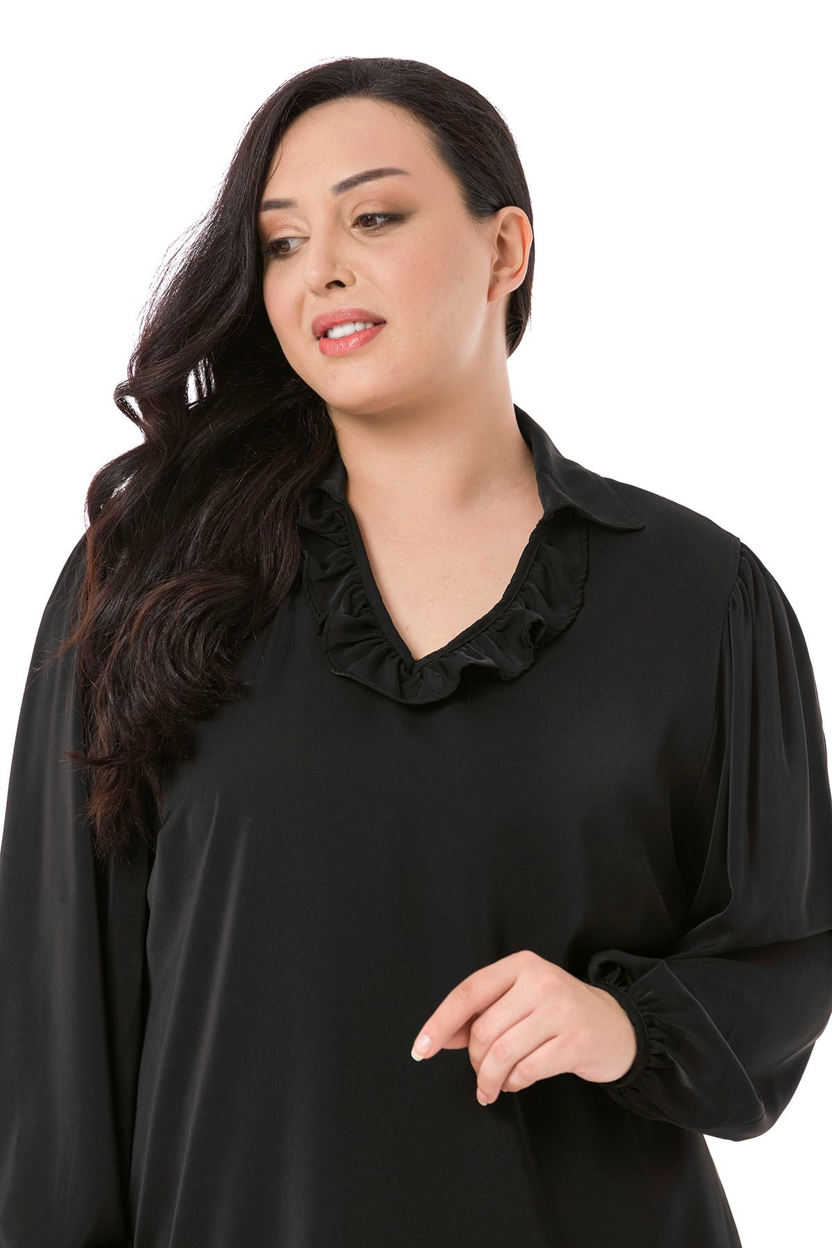 Plus Size Frilled Neckline Gathered Shoulders Buttoned Sleeves Flowy Black Blouse