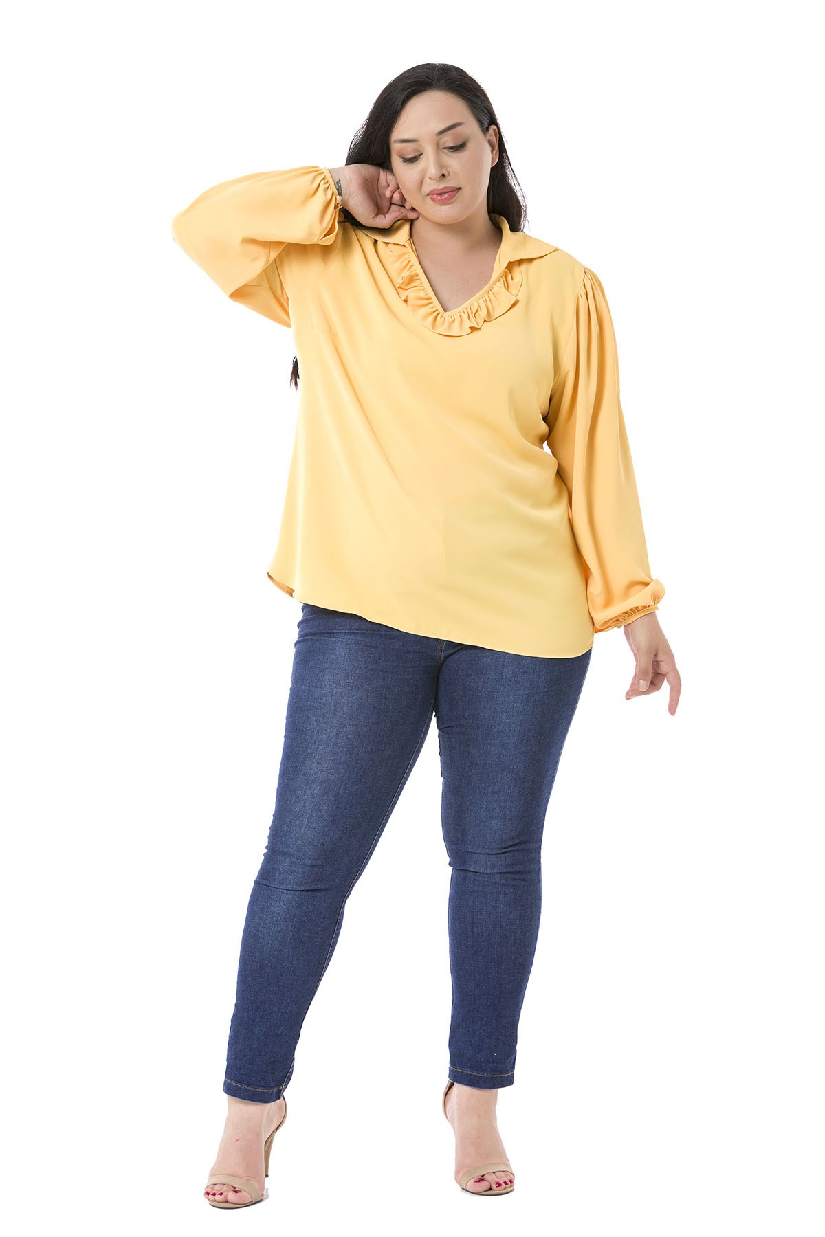 Plus Size Frilled Neckline Gathered Shoulders Buttoned Sleeves Flowy Yellow Blouse