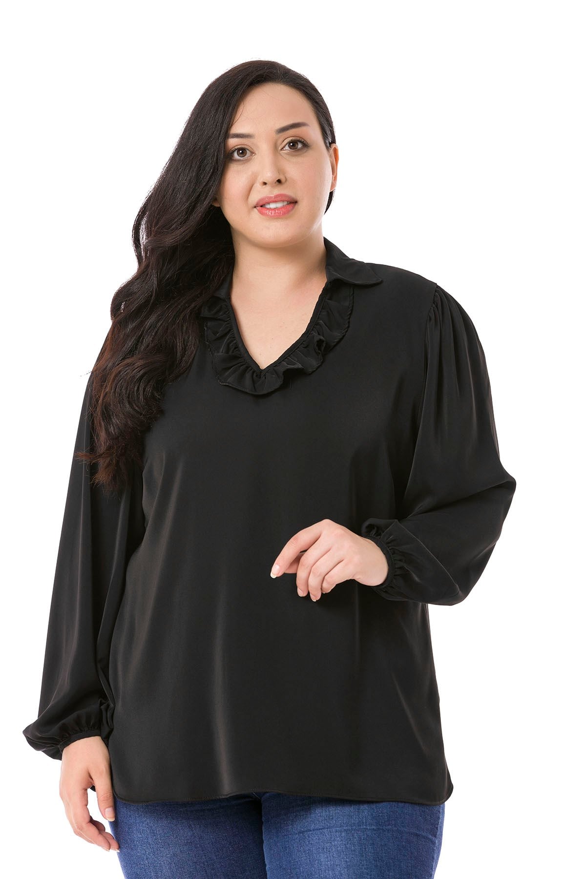 Plus Size Frilled Neckline Gathered Shoulders Buttoned Sleeves Flowy Black Blouse