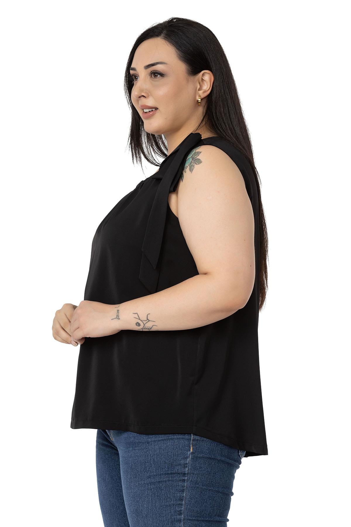 Plus Size Pleated Collar Shoulder Ribbon Detail Lined Sleeveless Black Blouse