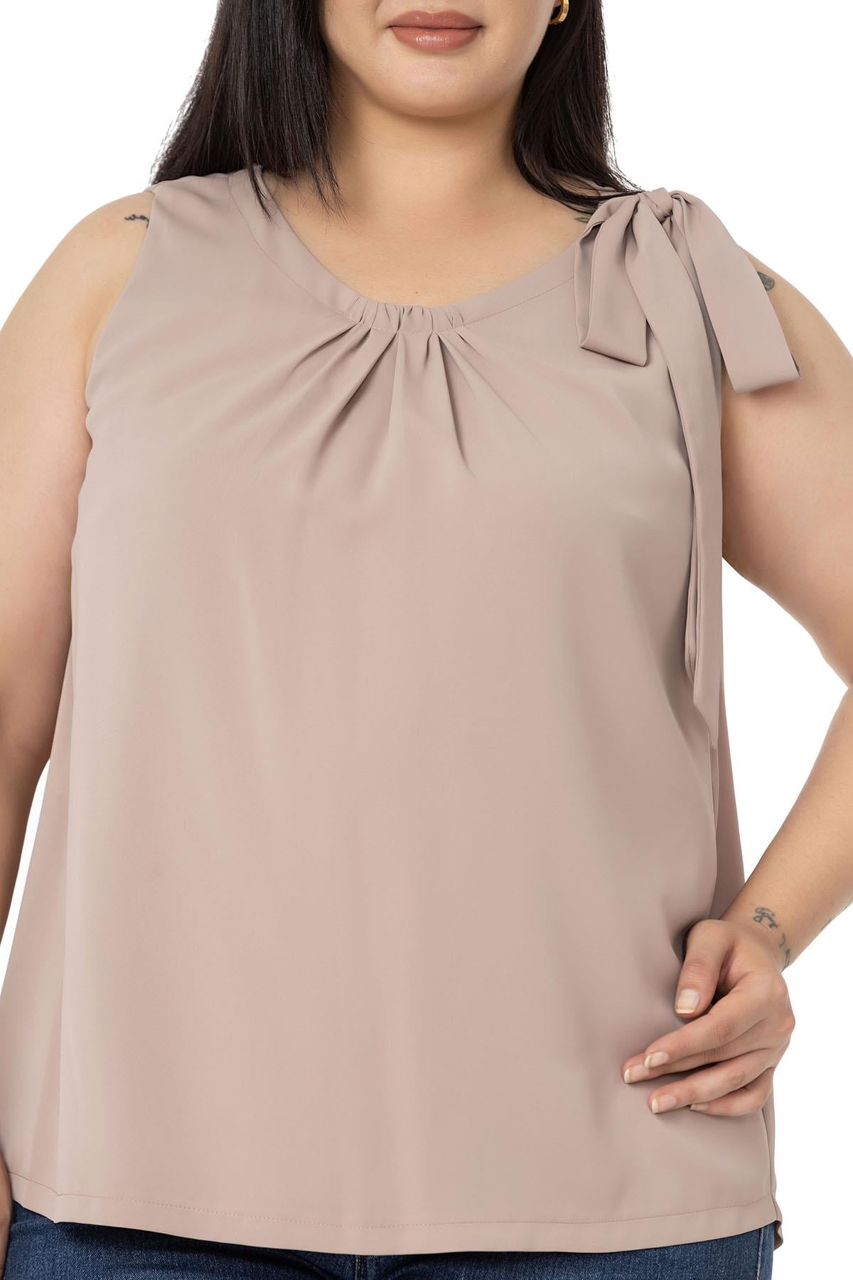 Plus Size Pleated Collar Shoulder Ribbon Detail Lined Sleeveless Mink Blouse