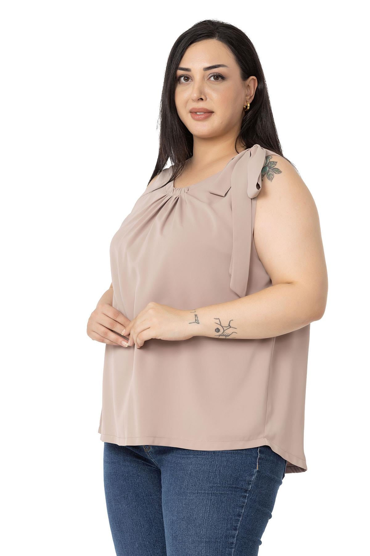 Plus Size Pleated Collar Shoulder Ribbon Detail Lined Sleeveless Mink Blouse