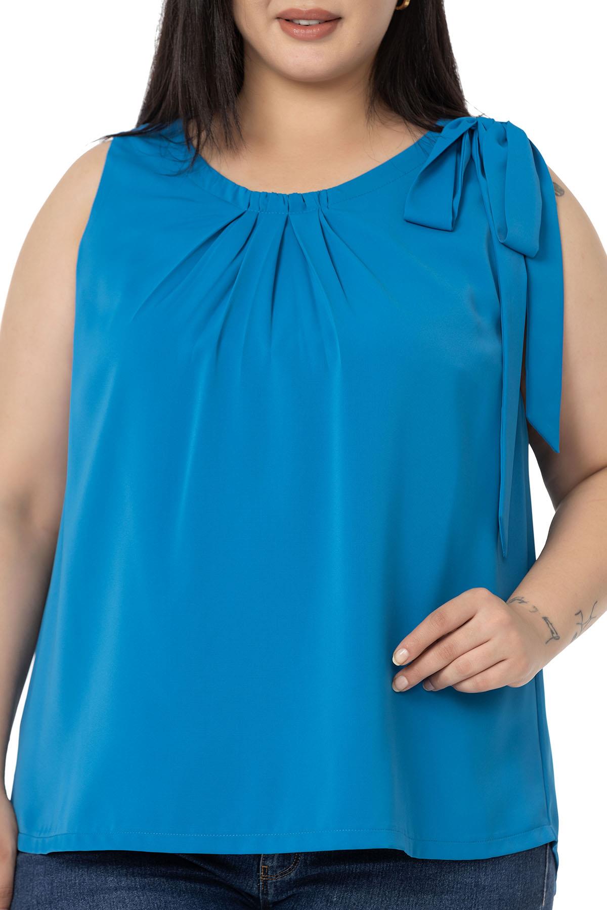 Plus Size Pleated Collar Shoulder Ribbon Detail Lined Sleeveless İndigo Blouse