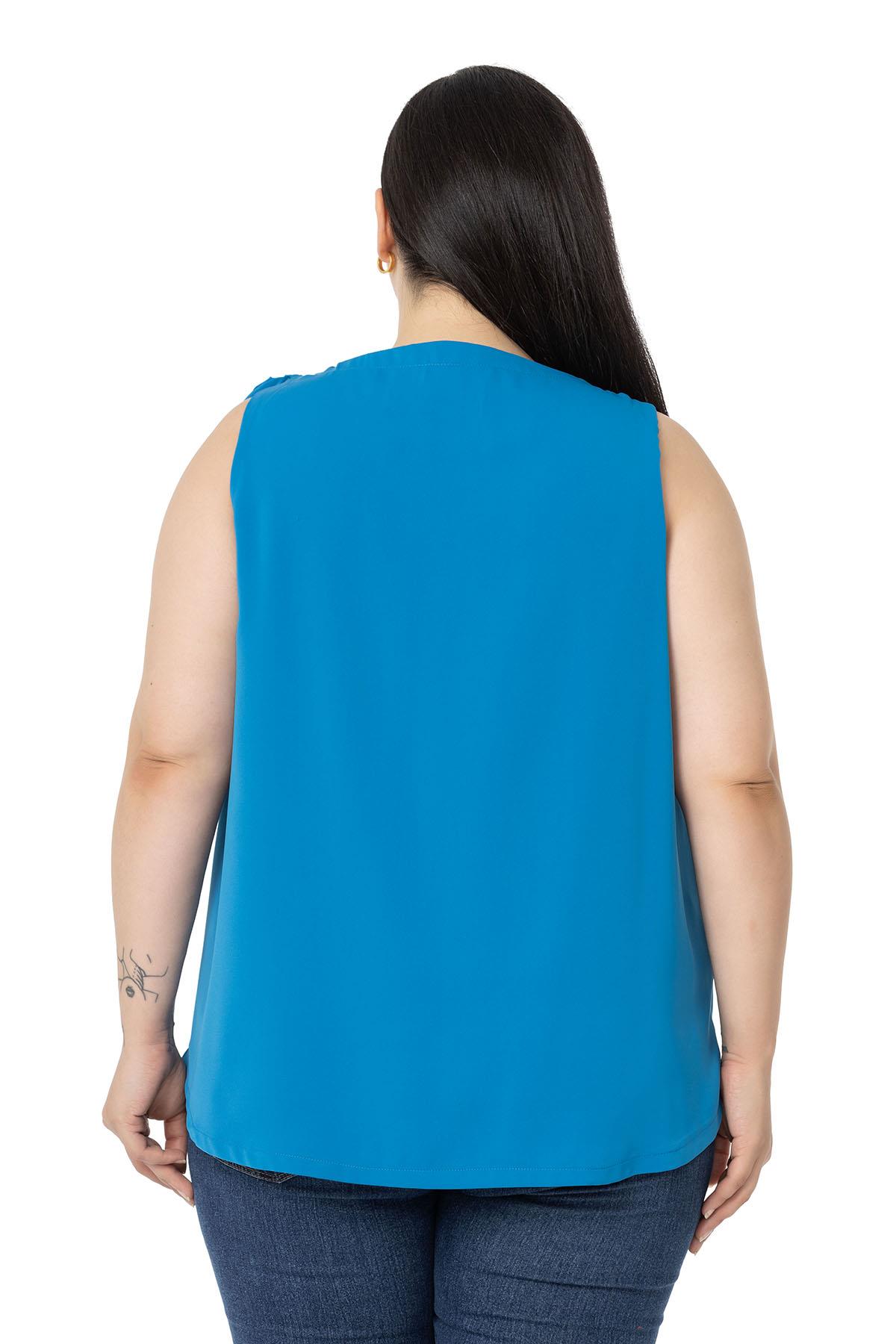 Plus Size Pleated Collar Shoulder Ribbon Detail Lined Sleeveless İndigo Blouse