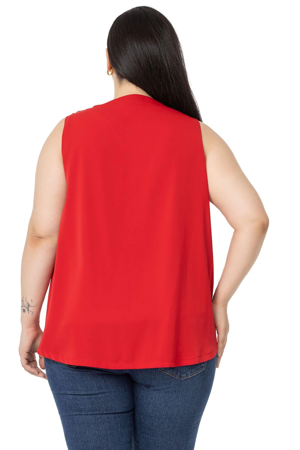 Plus Size Pleated Collar Shoulder Ribbon Detail Lined Sleeveless Red Blouse
