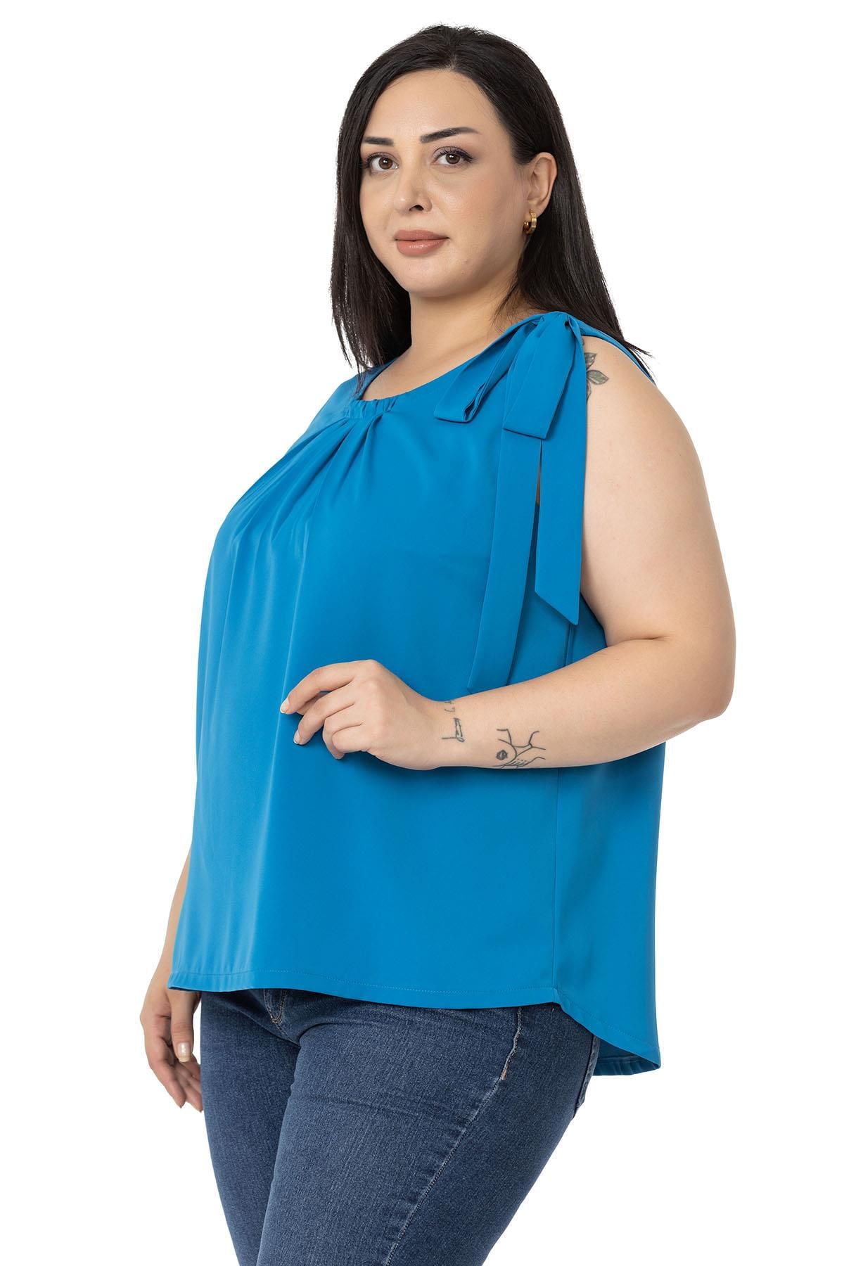 Plus Size Pleated Collar Shoulder Ribbon Detail Lined Sleeveless İndigo Blouse