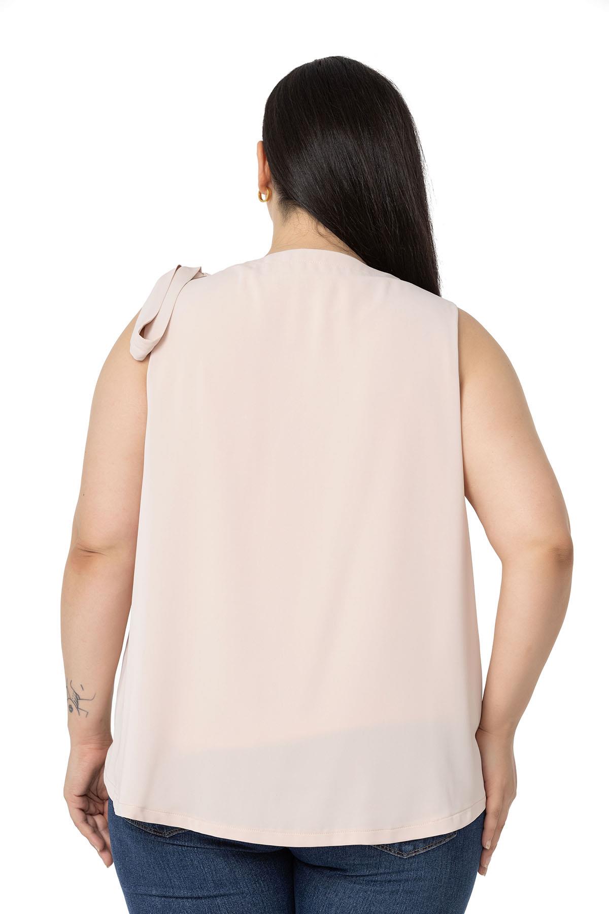 Plus Size Pleated Collar Shoulder Ribbon Detail Lined Sleeveless Light Pink Blouse
