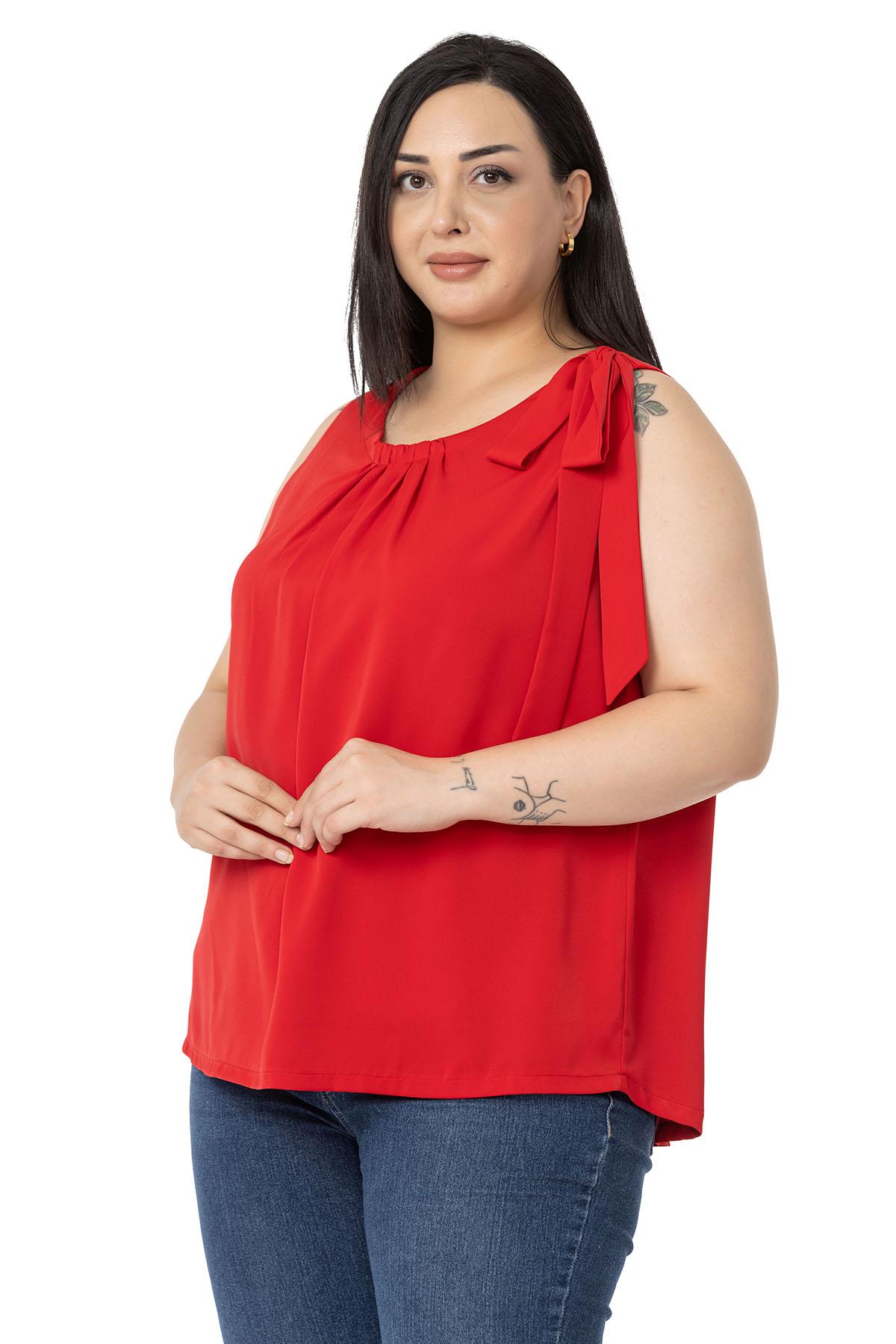 Plus Size Pleated Collar Shoulder Ribbon Detail Lined Sleeveless Red Blouse