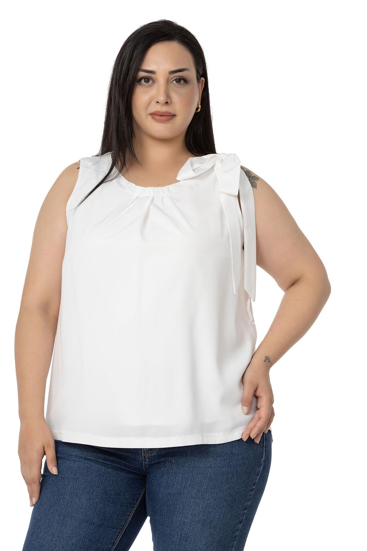 Plus Size Pleated Collar Shoulder Ribbon Detail Lined Sleeveless White Blouse