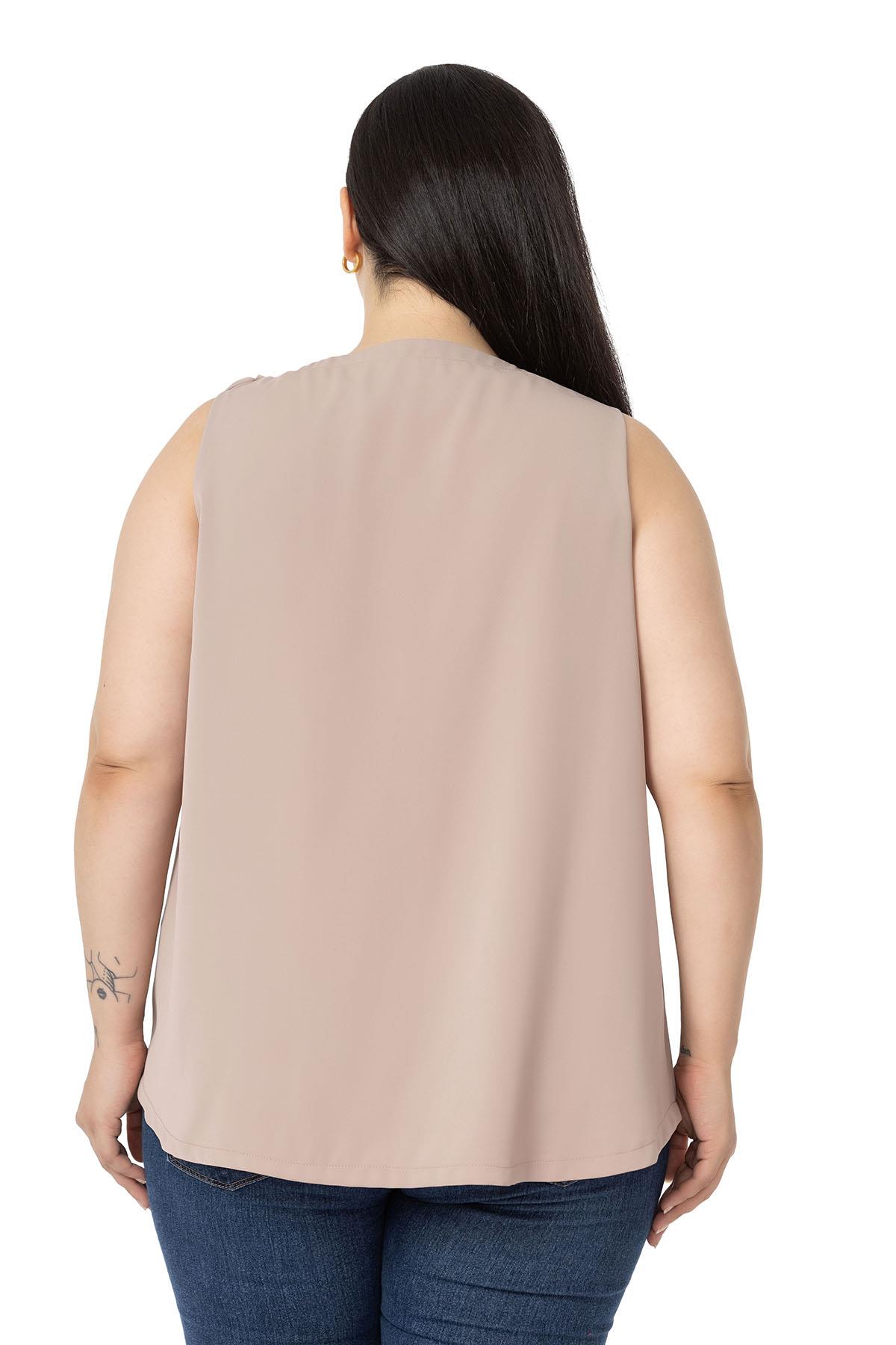 Plus Size Pleated Collar Shoulder Ribbon Detail Lined Sleeveless Mink Blouse