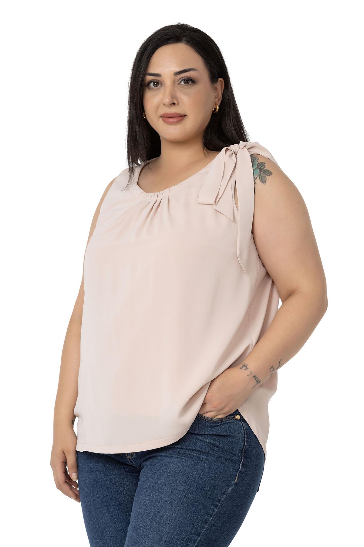 Plus Size Pleated Collar Shoulder Ribbon Detail Lined Sleeveless Light Pink Blouse