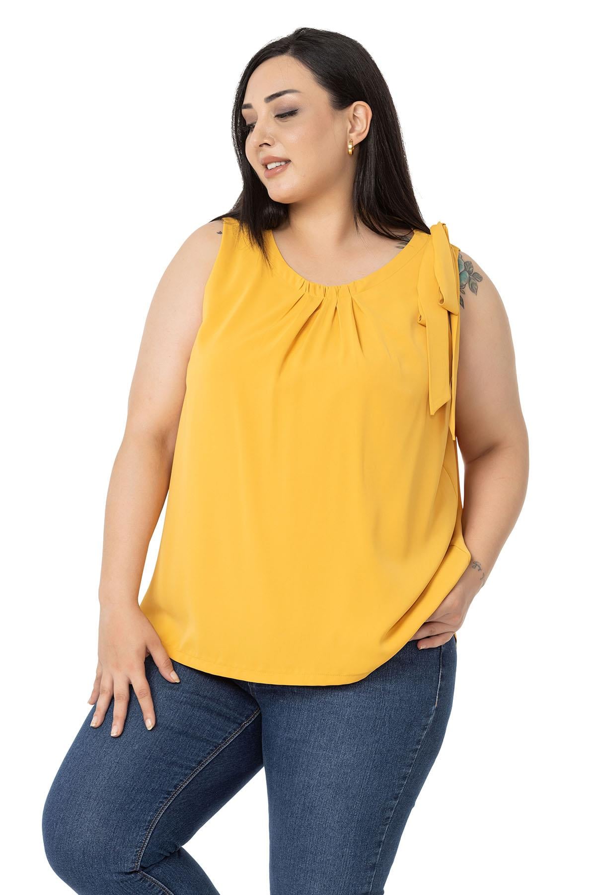Plus Size Pleated Collar Shoulder Ribbon Detail Lined Sleeveless Mustard Blouse