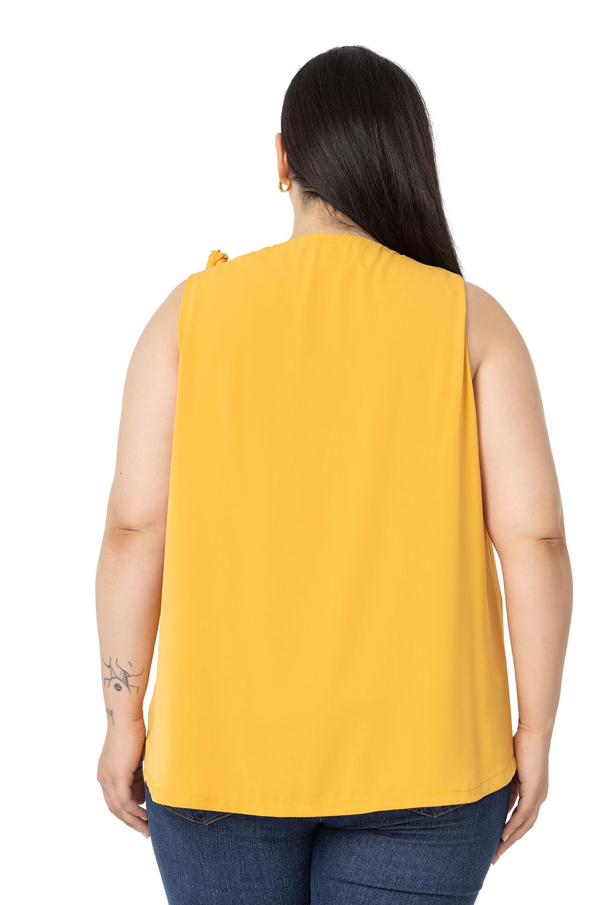 Plus Size Pleated Collar Shoulder Ribbon Detail Lined Sleeveless Mustard Blouse