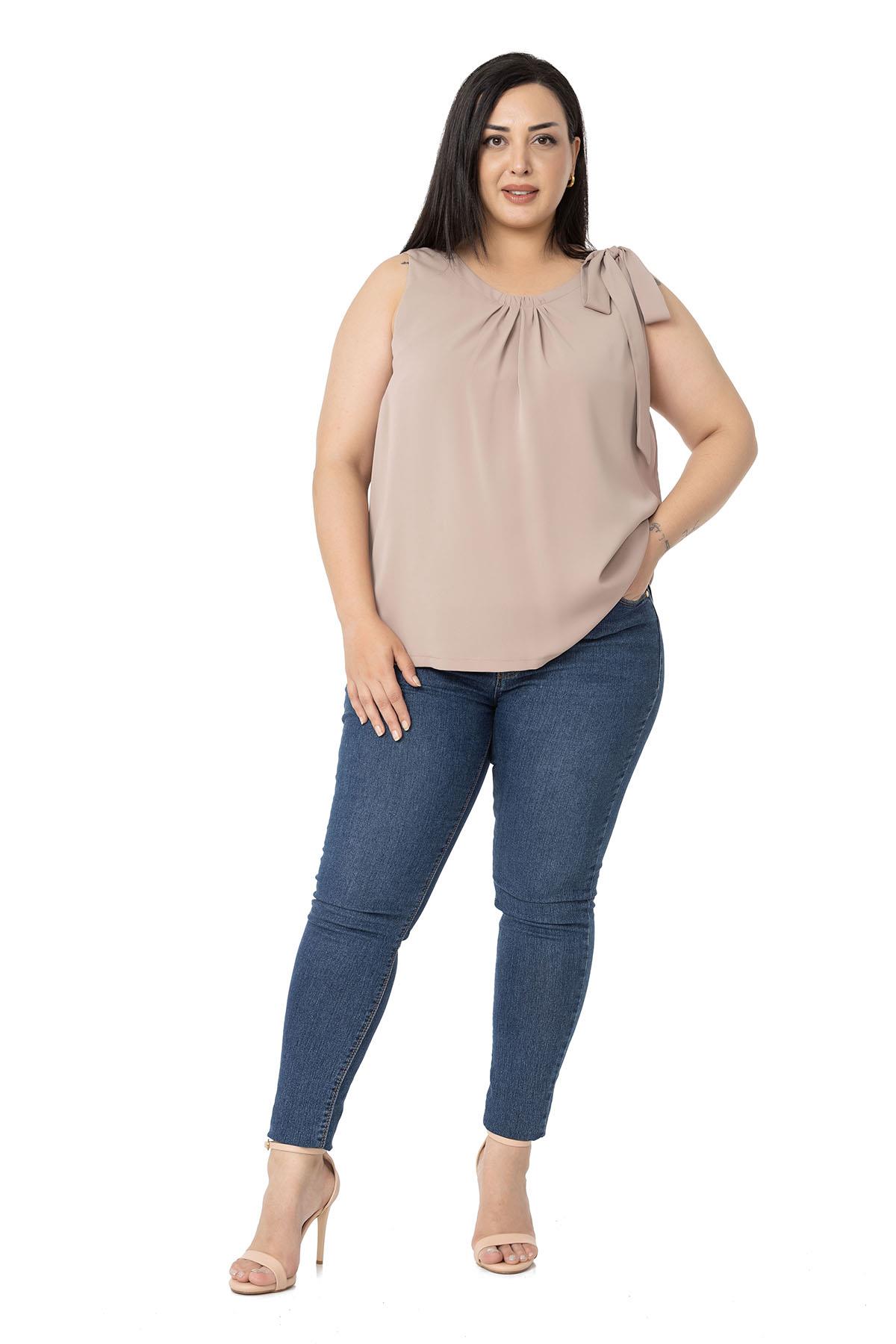 Plus Size Pleated Collar Shoulder Ribbon Detail Lined Sleeveless Mink Blouse
