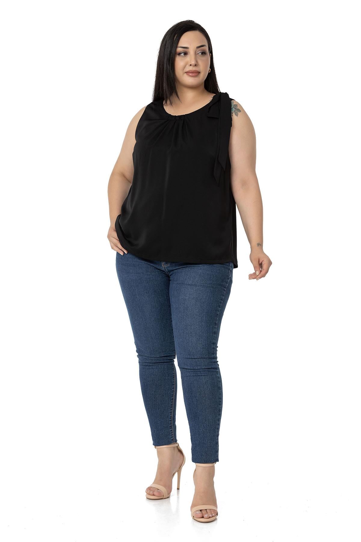 Plus Size Pleated Collar Shoulder Ribbon Detail Lined Sleeveless Black Blouse