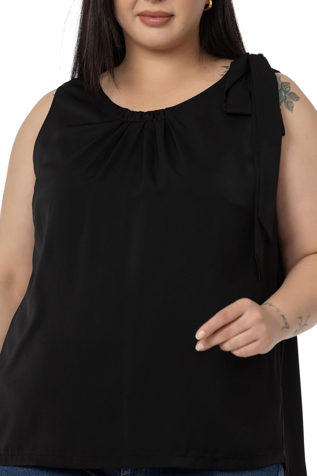 Plus Size Pleated Collar Shoulder Ribbon Detail Lined Sleeveless Black Blouse