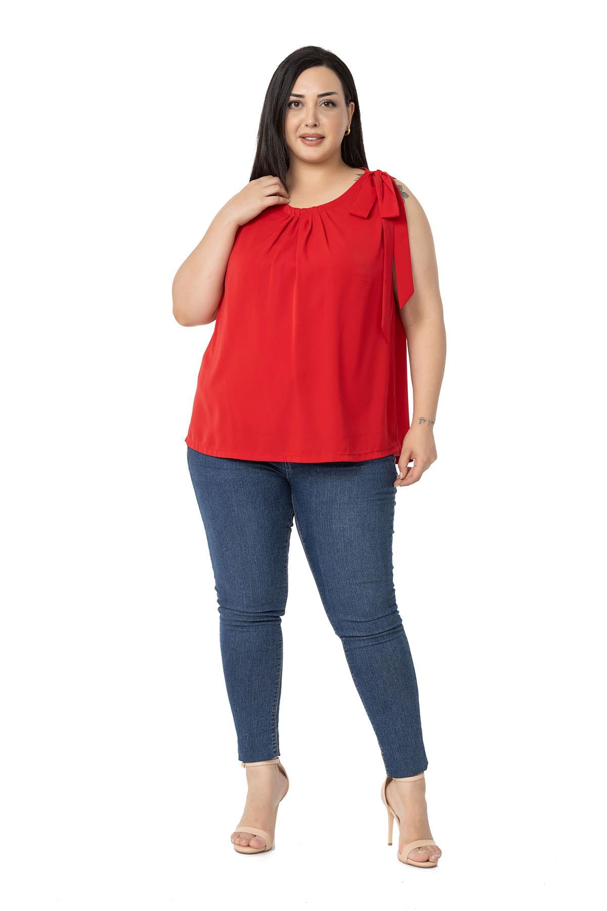 Plus Size Pleated Collar Shoulder Ribbon Detail Lined Sleeveless Red Blouse