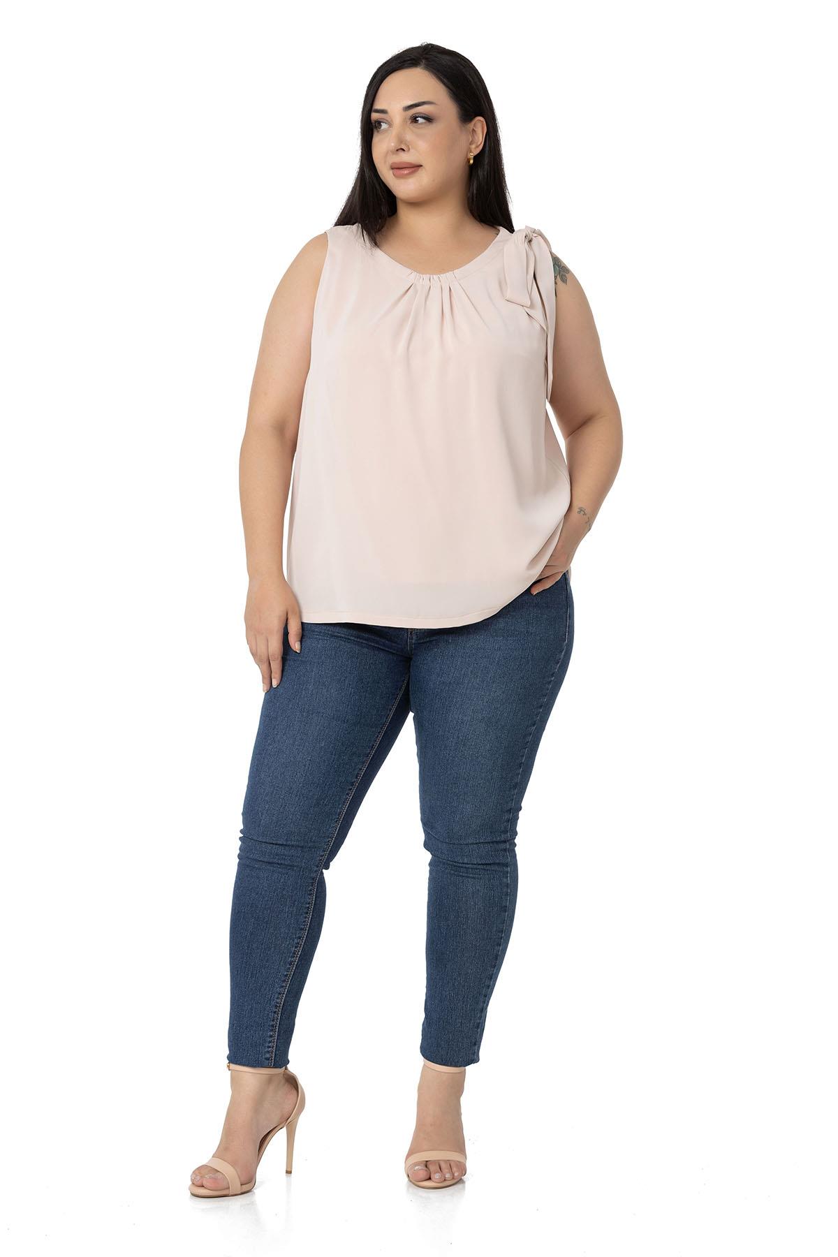 Plus Size Pleated Collar Shoulder Ribbon Detail Lined Sleeveless Light Pink Blouse