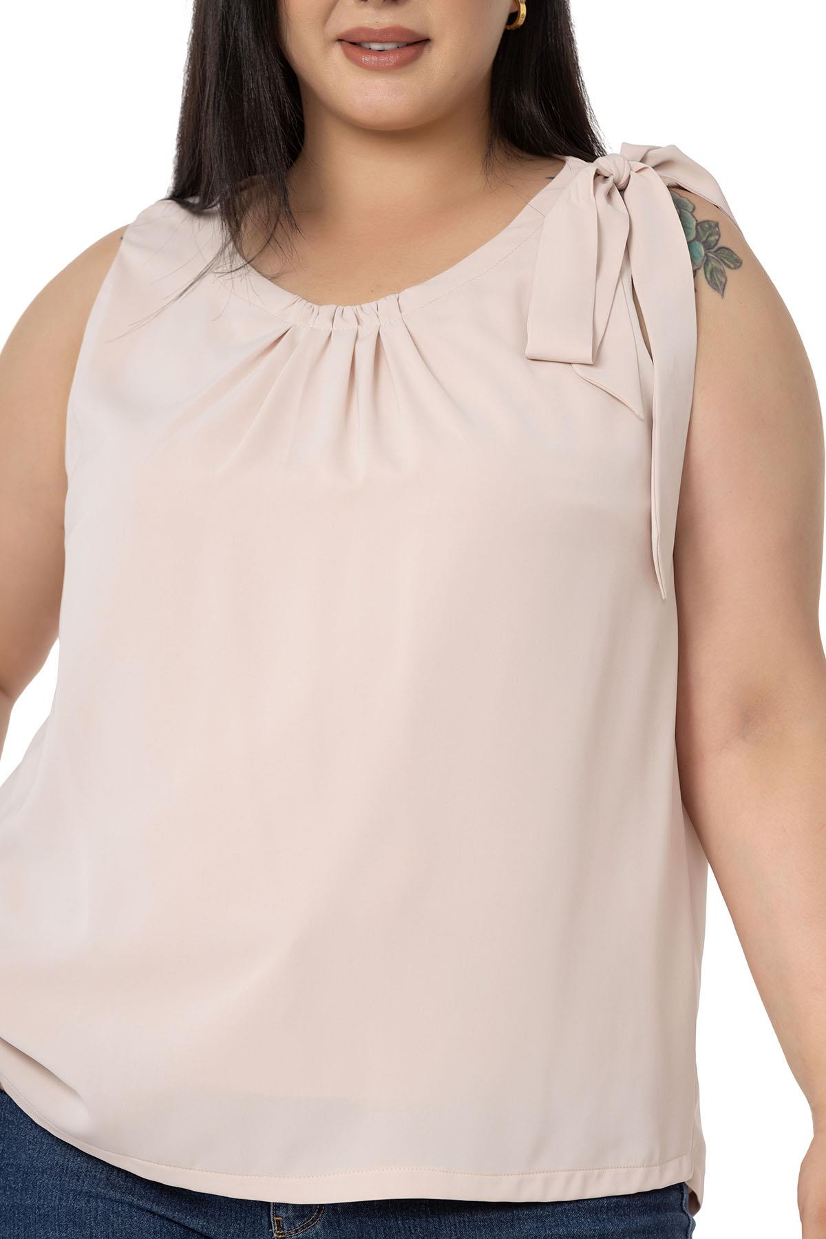 Plus Size Pleated Collar Shoulder Ribbon Detail Lined Sleeveless Light Pink Blouse