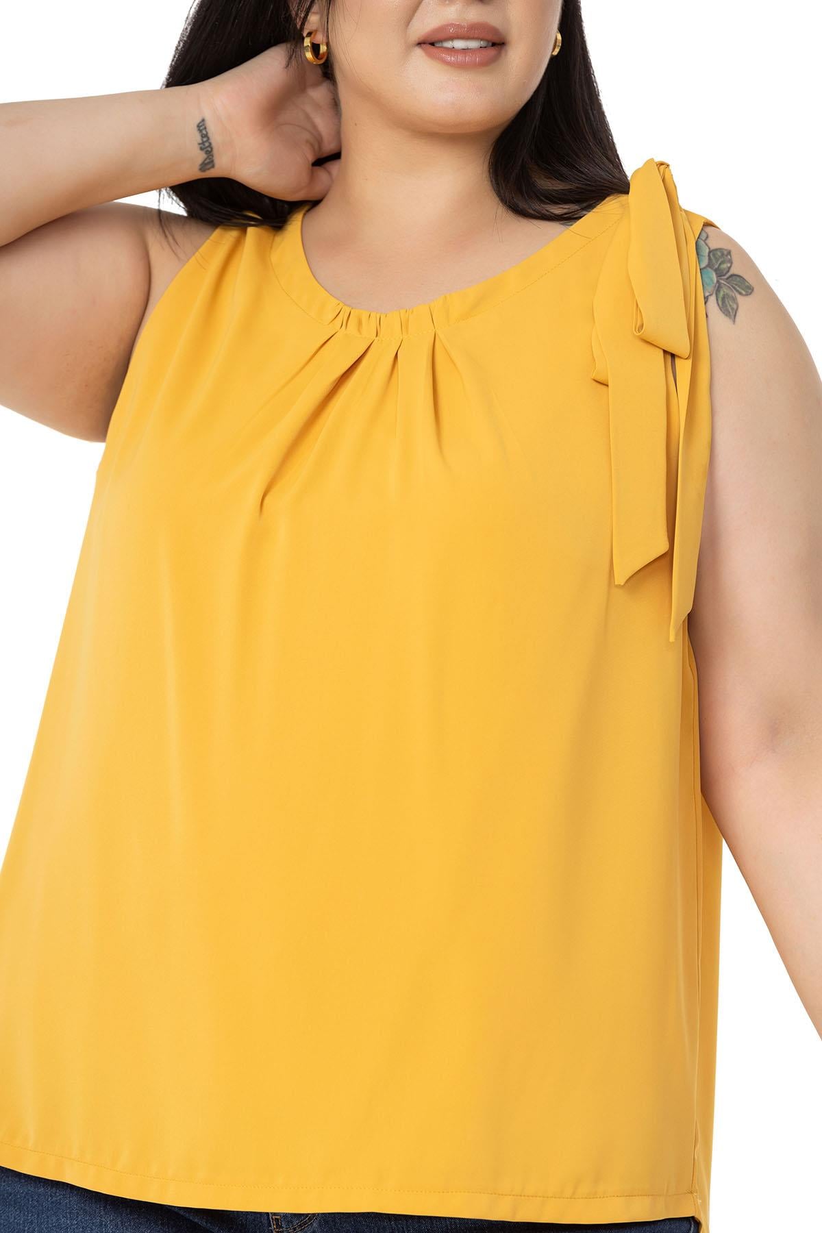 Plus Size Pleated Collar Shoulder Ribbon Detail Lined Sleeveless Mustard Blouse