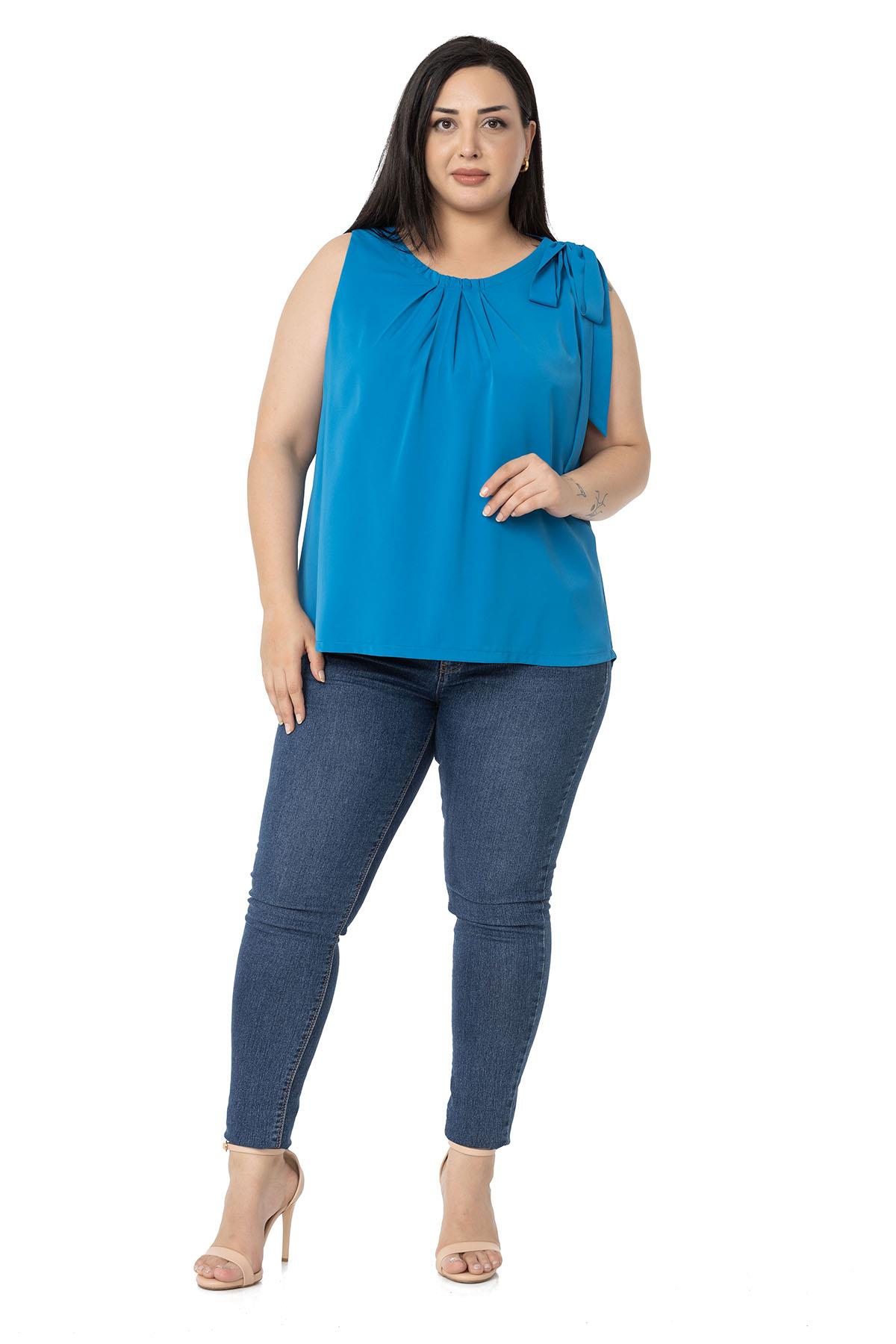 Plus Size Pleated Collar Shoulder Ribbon Detail Lined Sleeveless İndigo Blouse