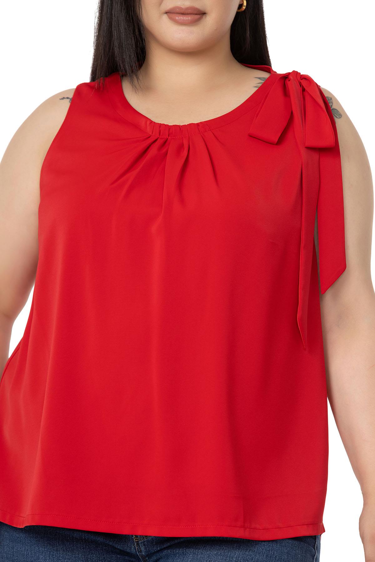Plus Size Pleated Collar Shoulder Ribbon Detail Lined Sleeveless Red Blouse