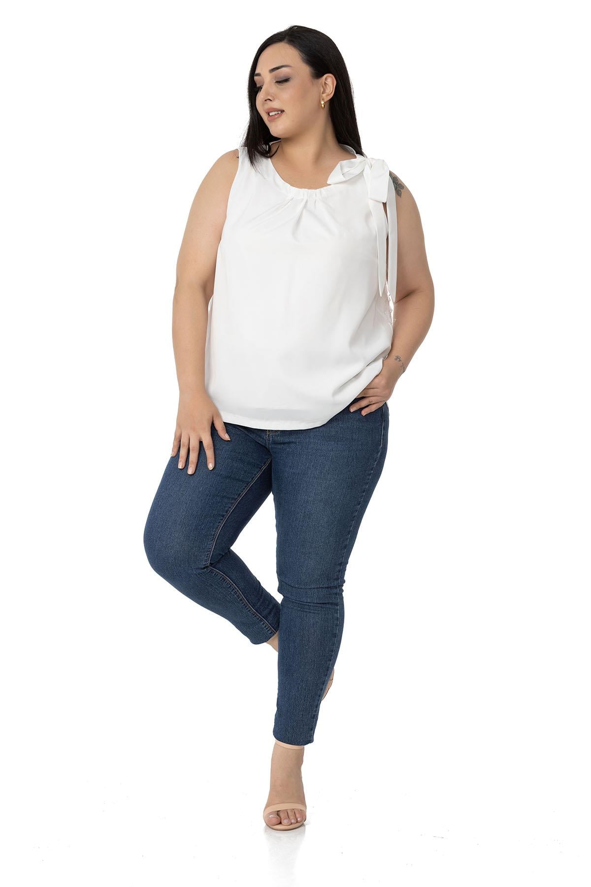Plus Size Pleated Collar Shoulder Ribbon Detail Lined Sleeveless White Blouse