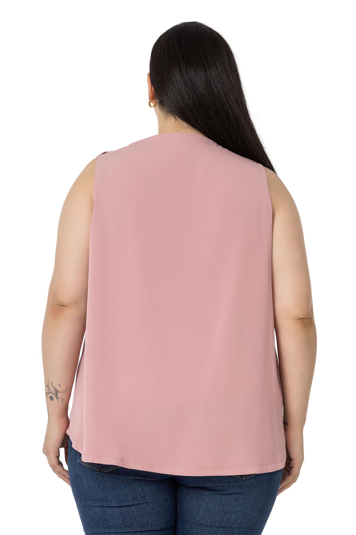 Plus Size Pleated Collar Shoulder Ribbon Detail Lined Sleeveless Rose Blouse