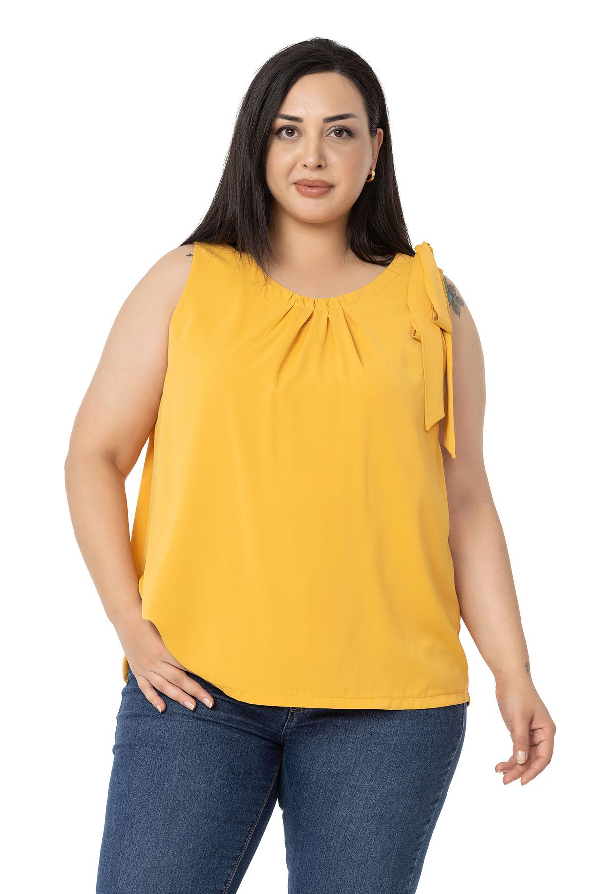 Plus Size Pleated Collar Shoulder Ribbon Detail Lined Sleeveless Mustard Blouse