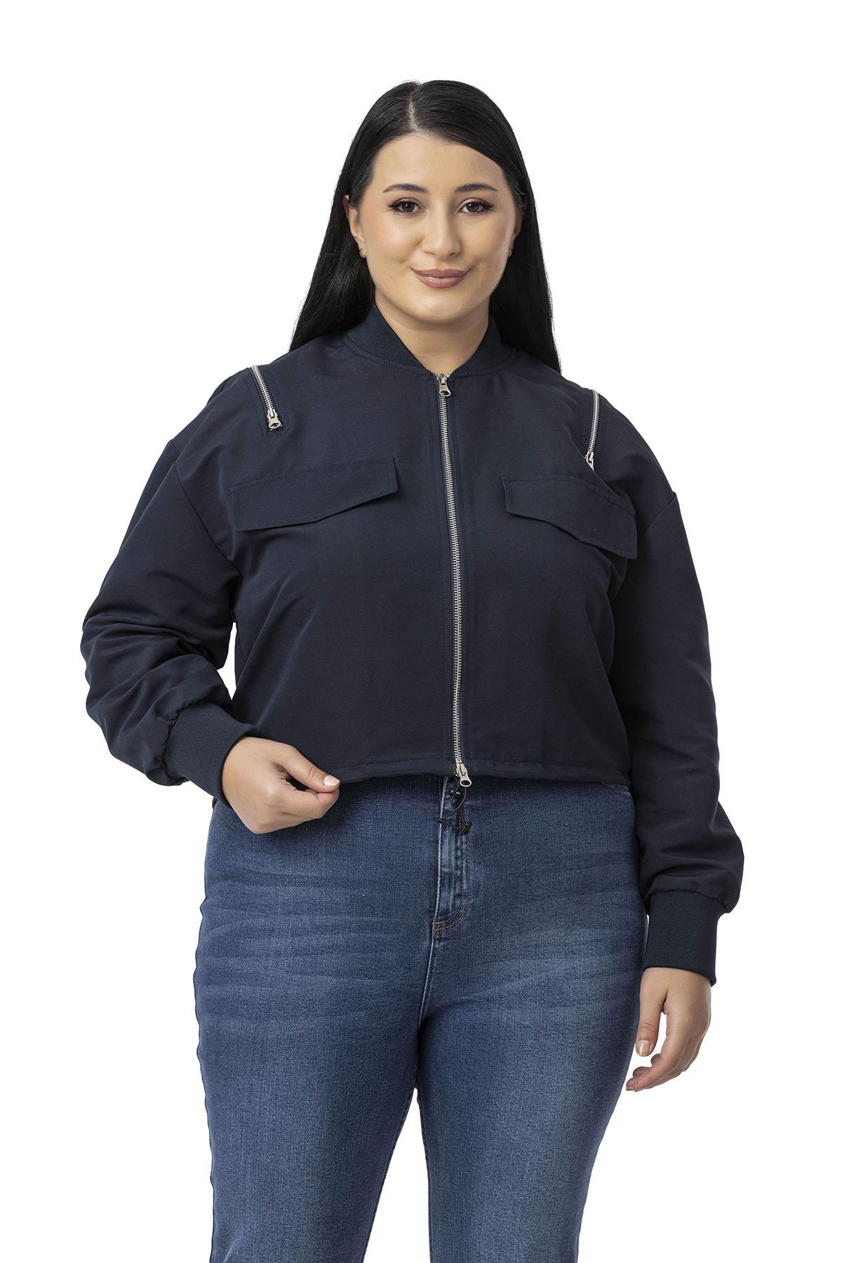 Büyük Beden Yakası ve Kol Ağzı Ribanalı Fermuar Detaylı Lacivert Bomber Ceket