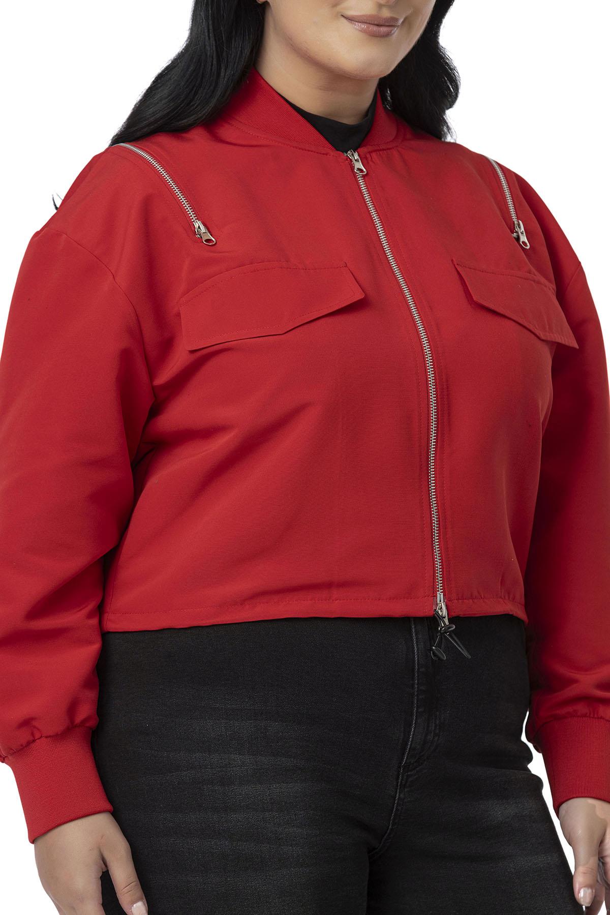 Büyük Beden Yakası ve Kol Ağzı Ribanalı Fermuar Detaylı Kırmızı Bomber Ceket