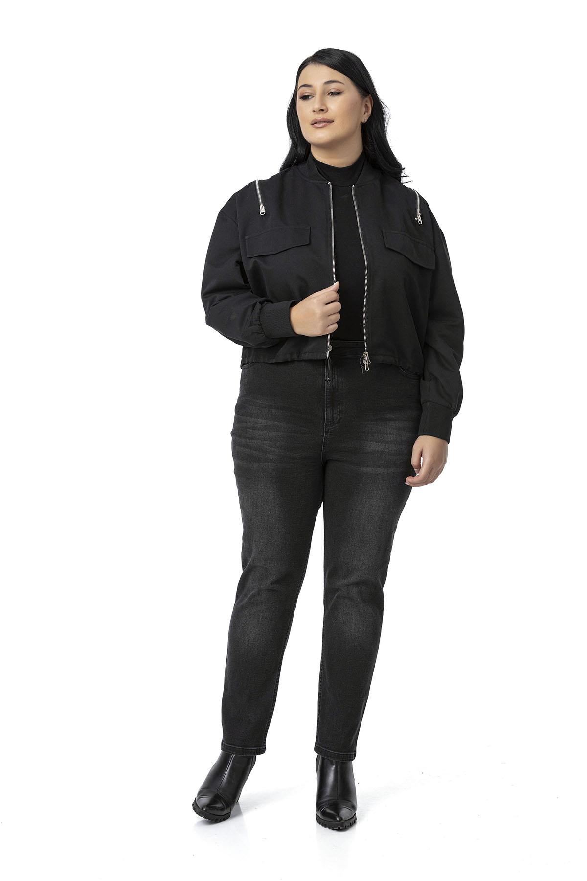 Plus Size Black Bomber Jacket with Ribbed Collar and Cuffs and Zipper Detail