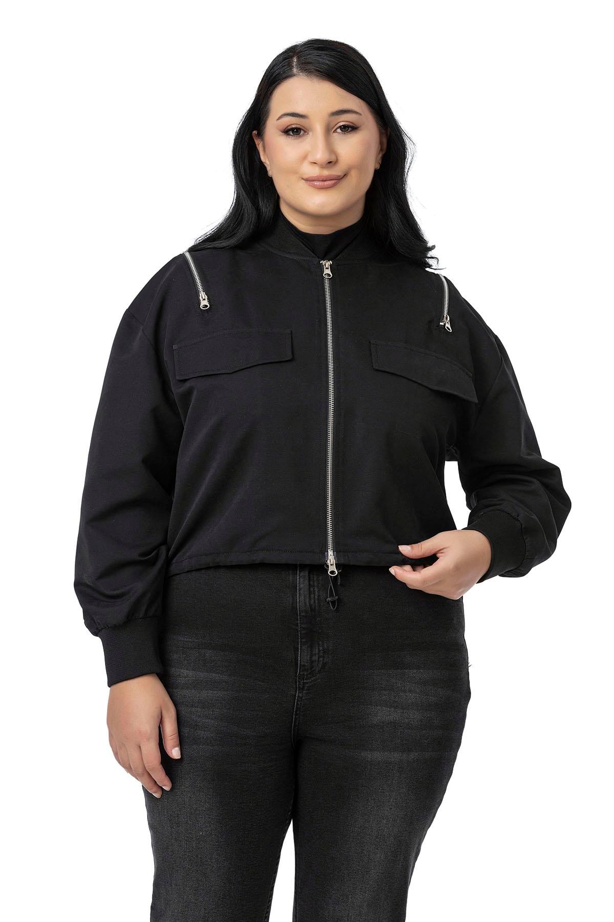 Plus Size Black Bomber Jacket with Ribbed Collar and Cuffs and Zipper Detail