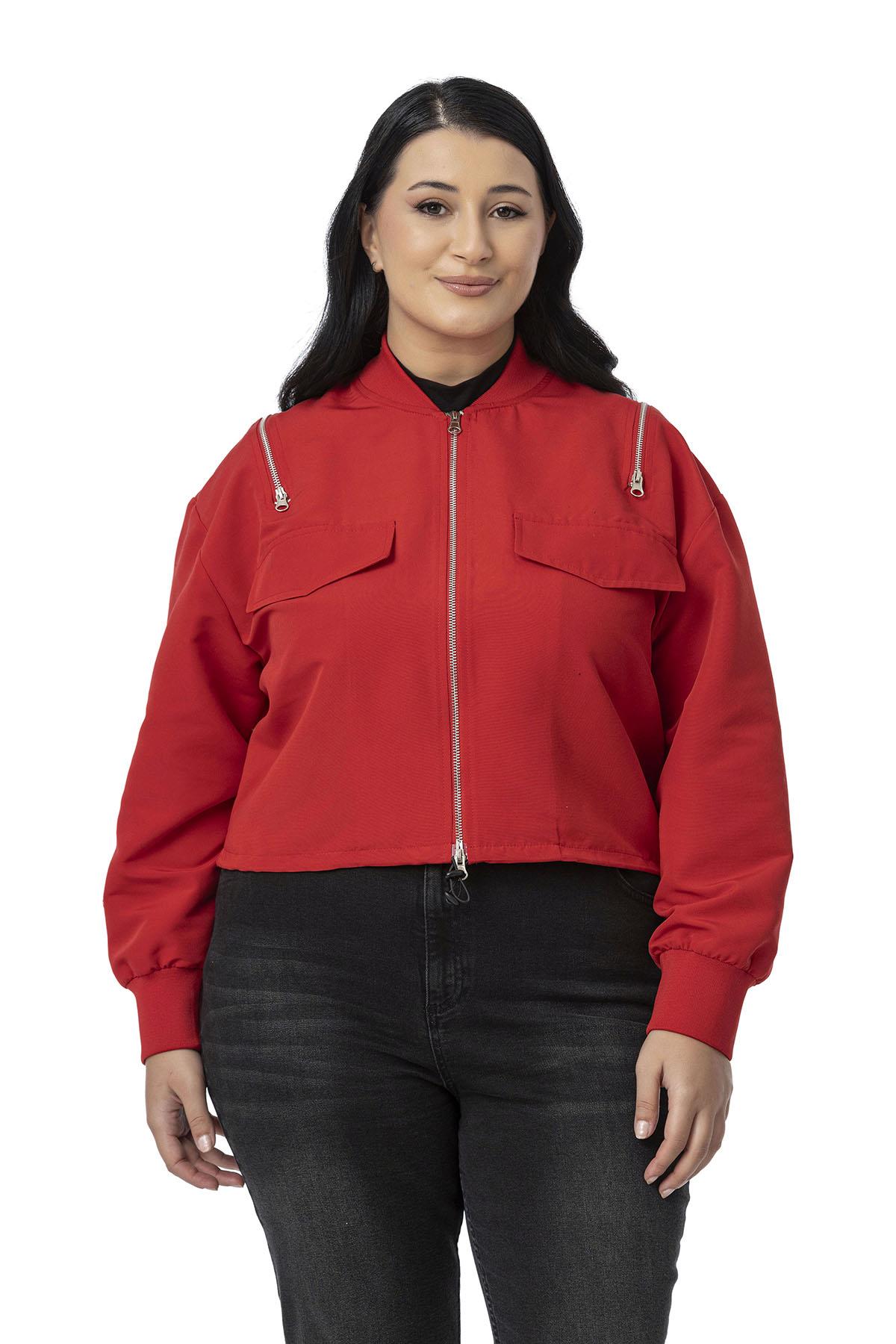 Büyük Beden Yakası ve Kol Ağzı Ribanalı Fermuar Detaylı Kırmızı Bomber Ceket