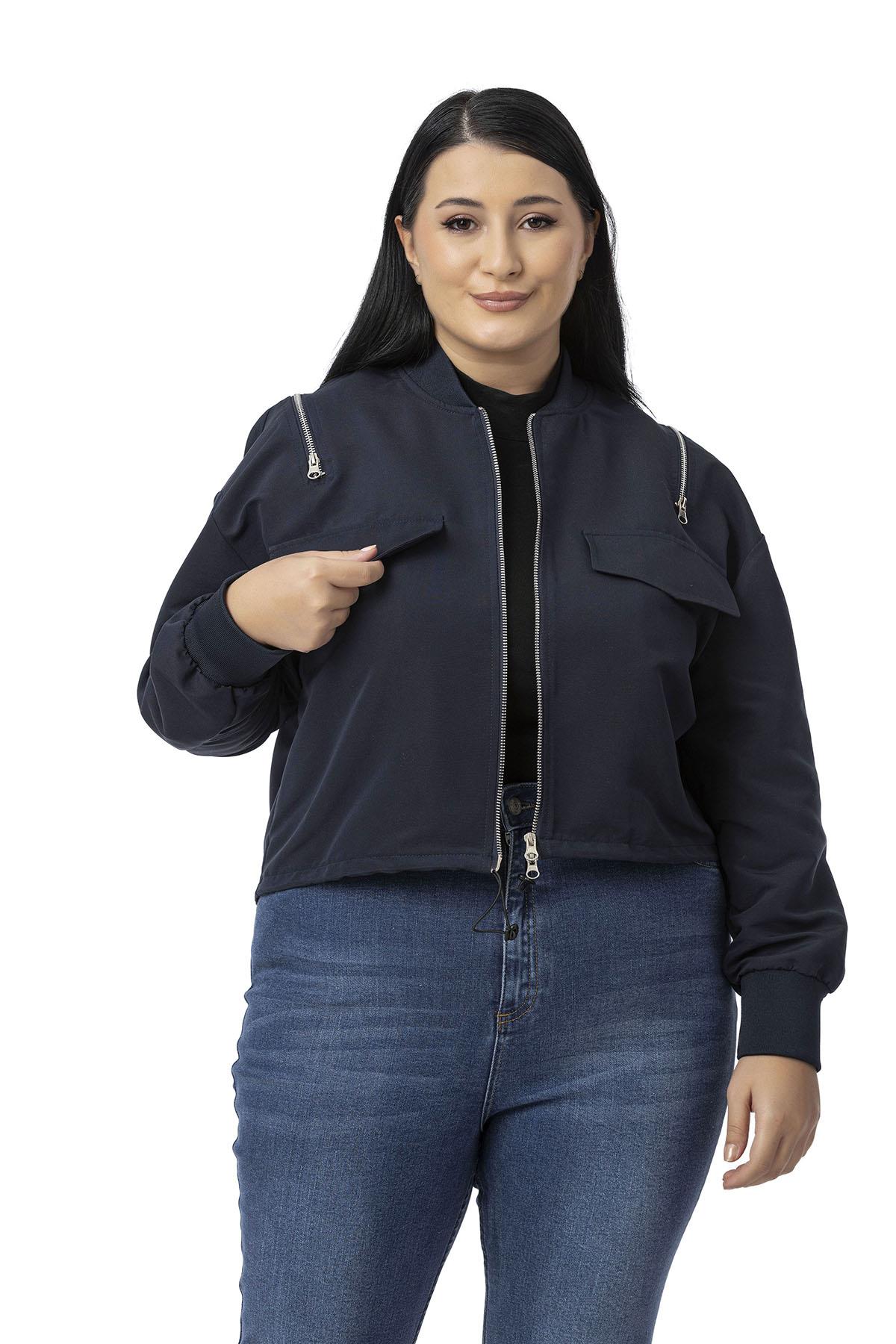 Büyük Beden Yakası ve Kol Ağzı Ribanalı Fermuar Detaylı Lacivert Bomber Ceket